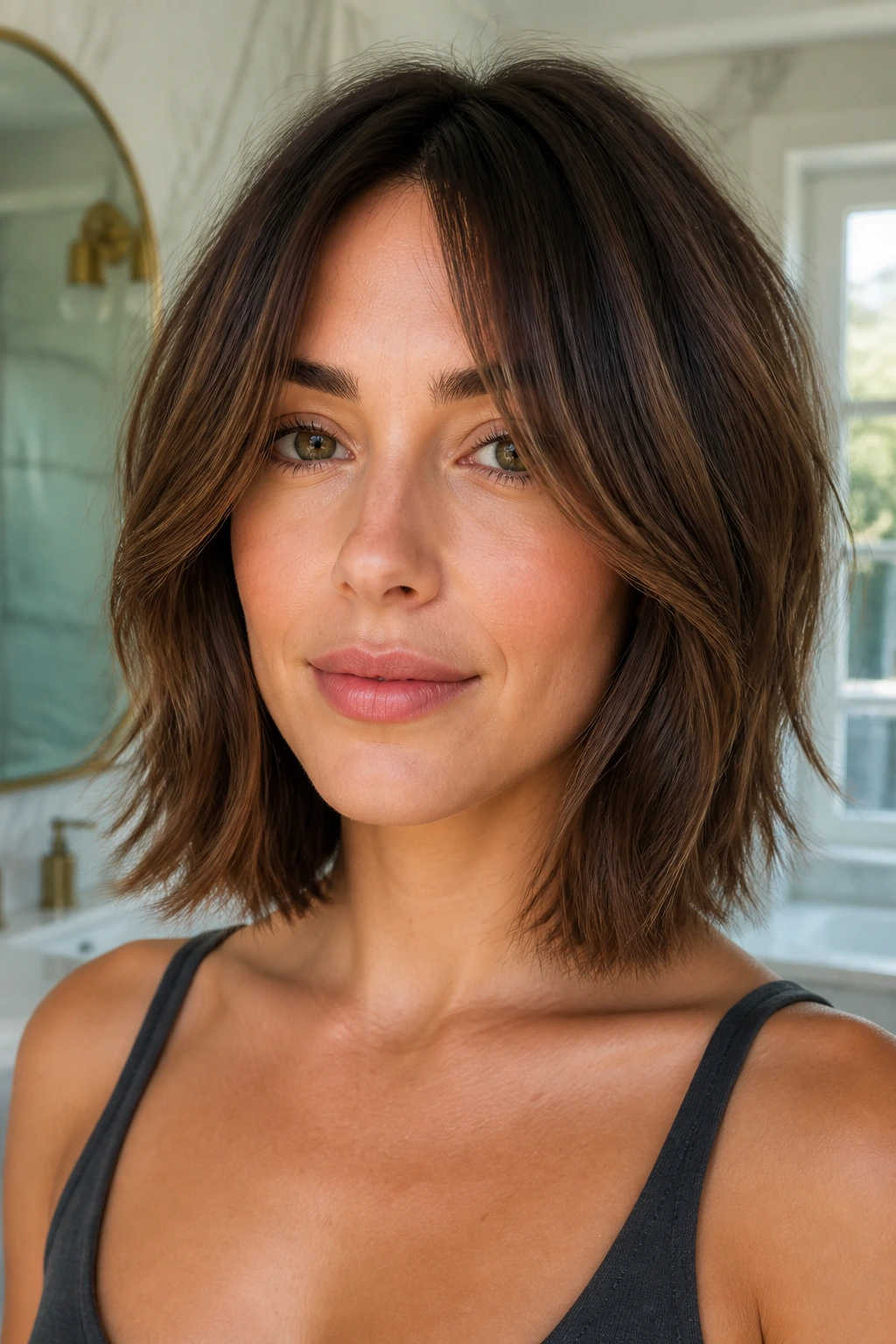 Close-up of a real woman with Blunt-End Shag Lob and blunt ends in daylight