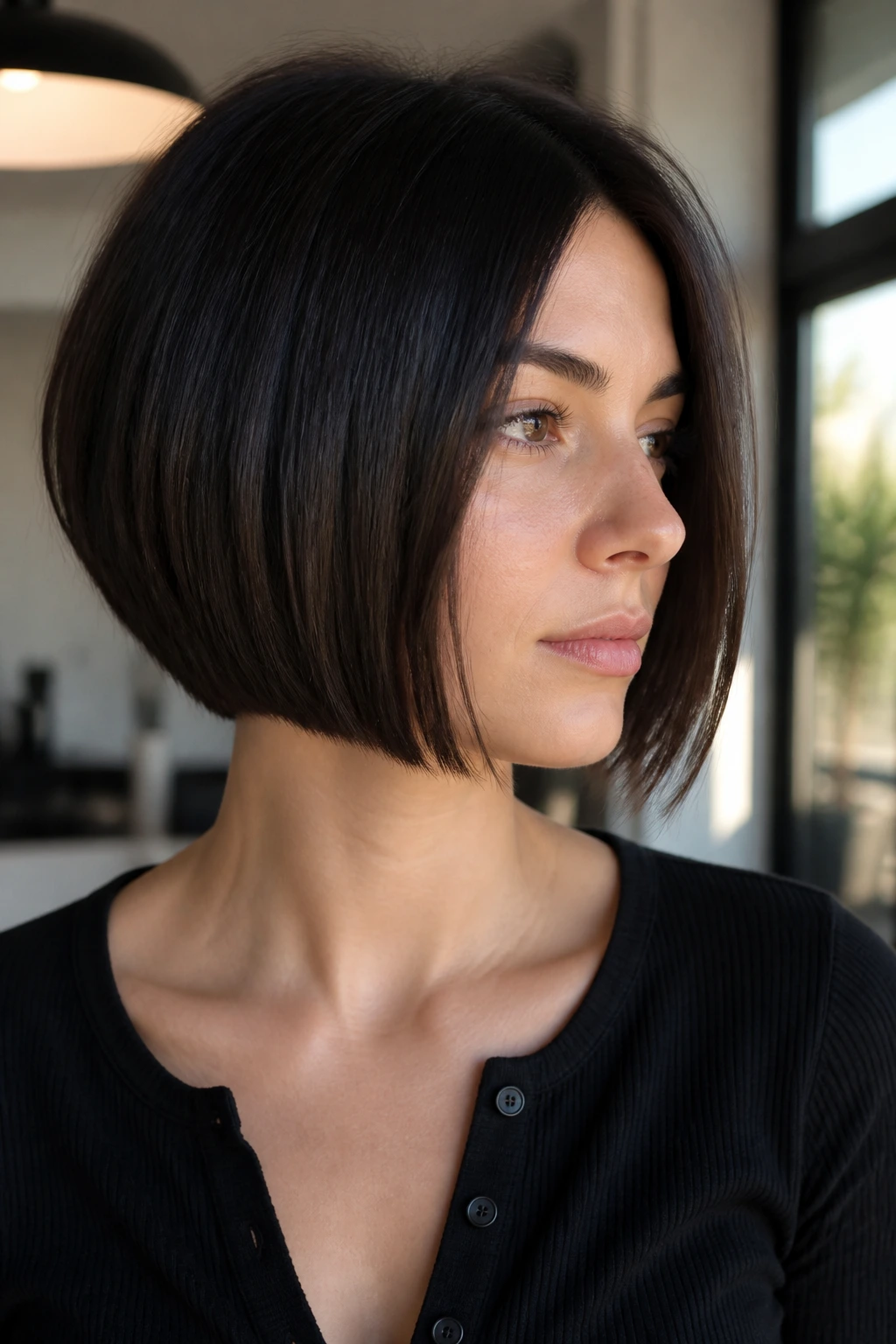 Close-up of real woman with blunt-end stacked bob and crisp bottom edge