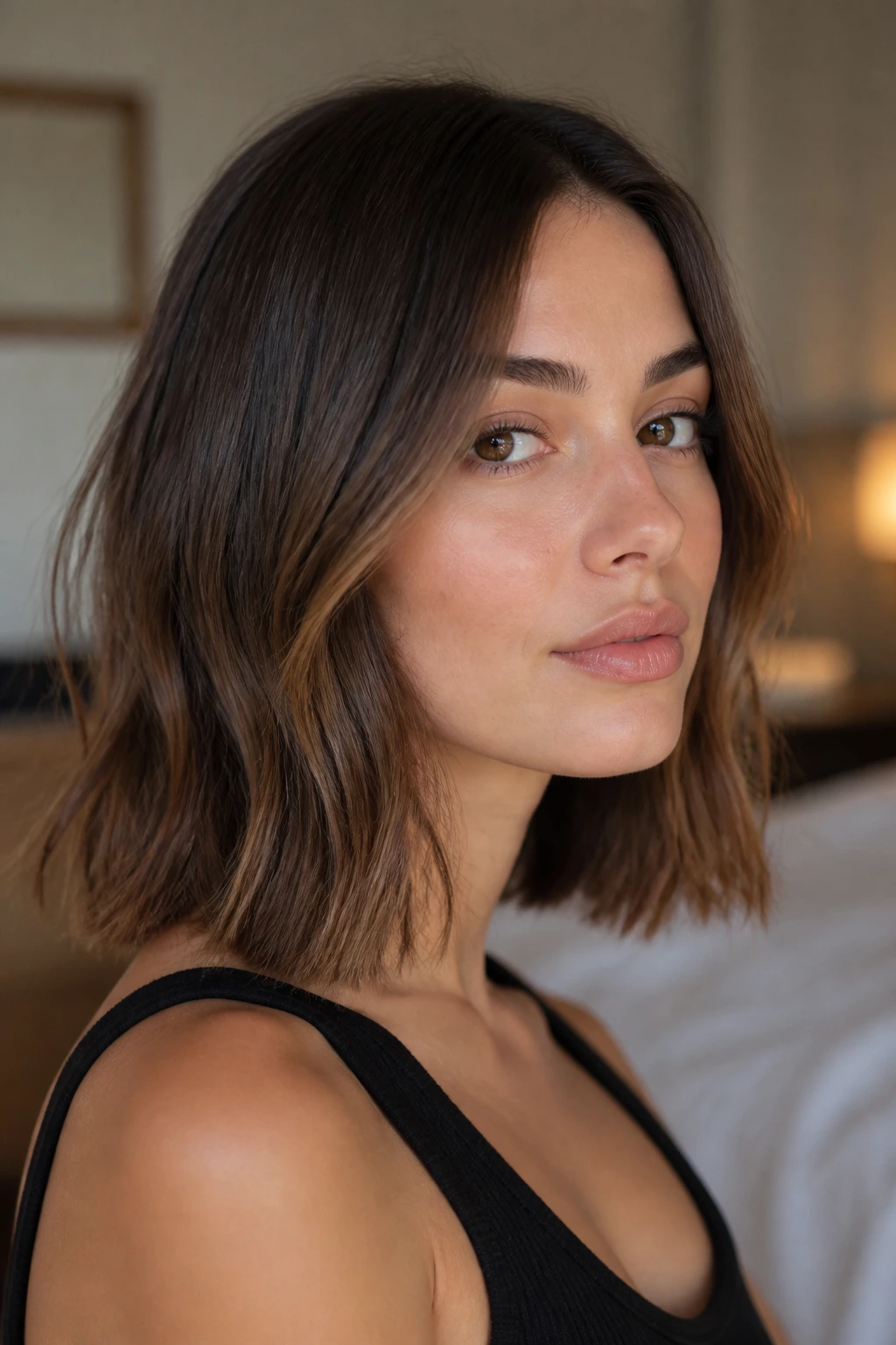 Close-up of a woman with blunt lob and subtle bend at mid-length
