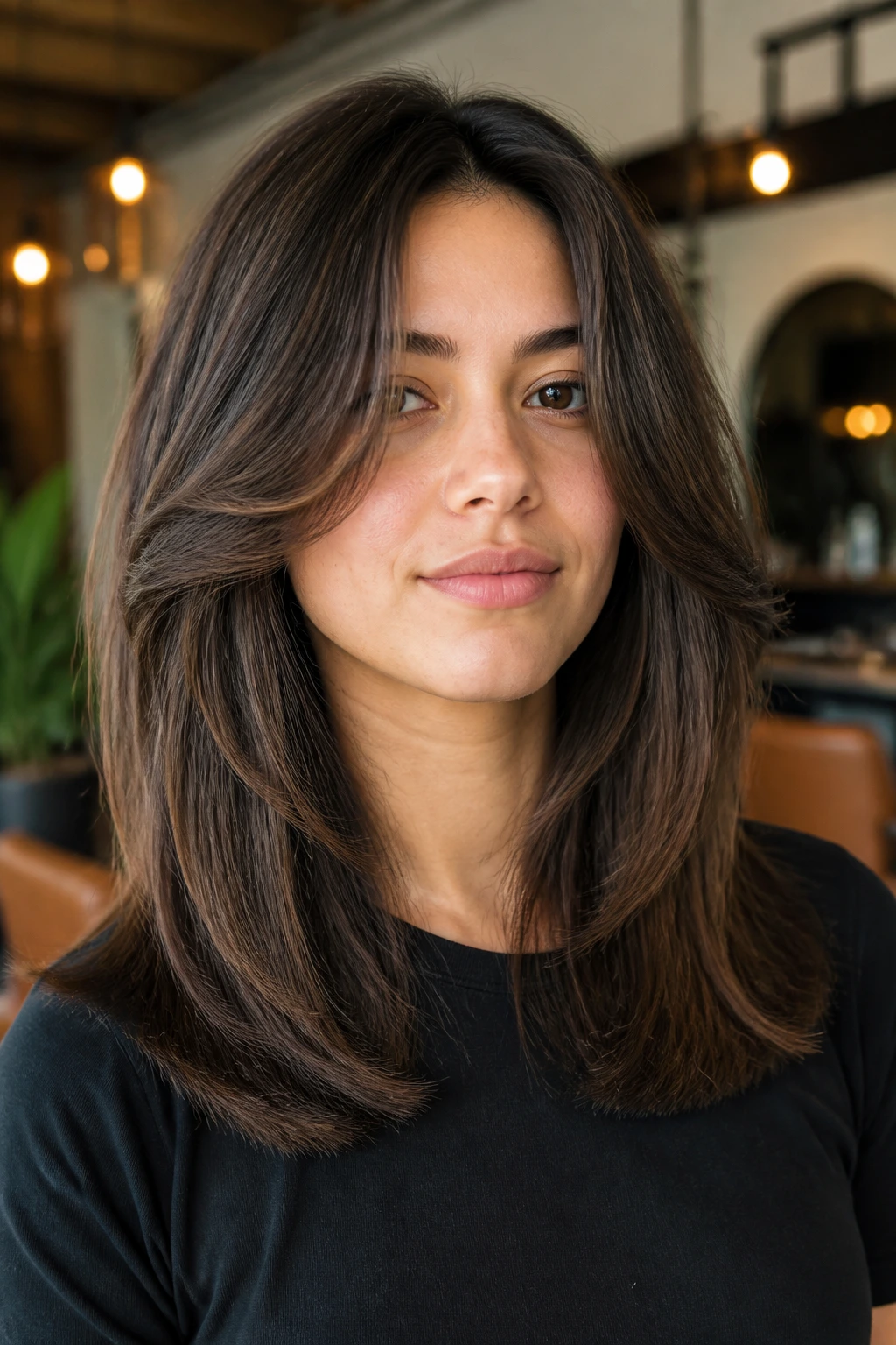 Close-up of a real woman with blunt-ended butterfly layers in a modern salon