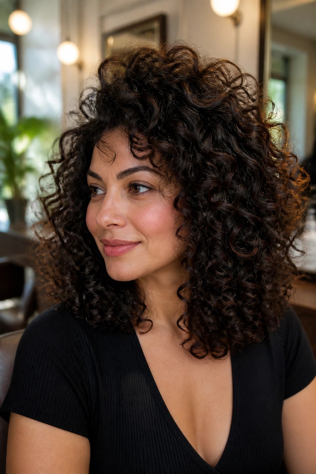 Real woman with blunt ends curly haircut and lifted crown in a salon setting