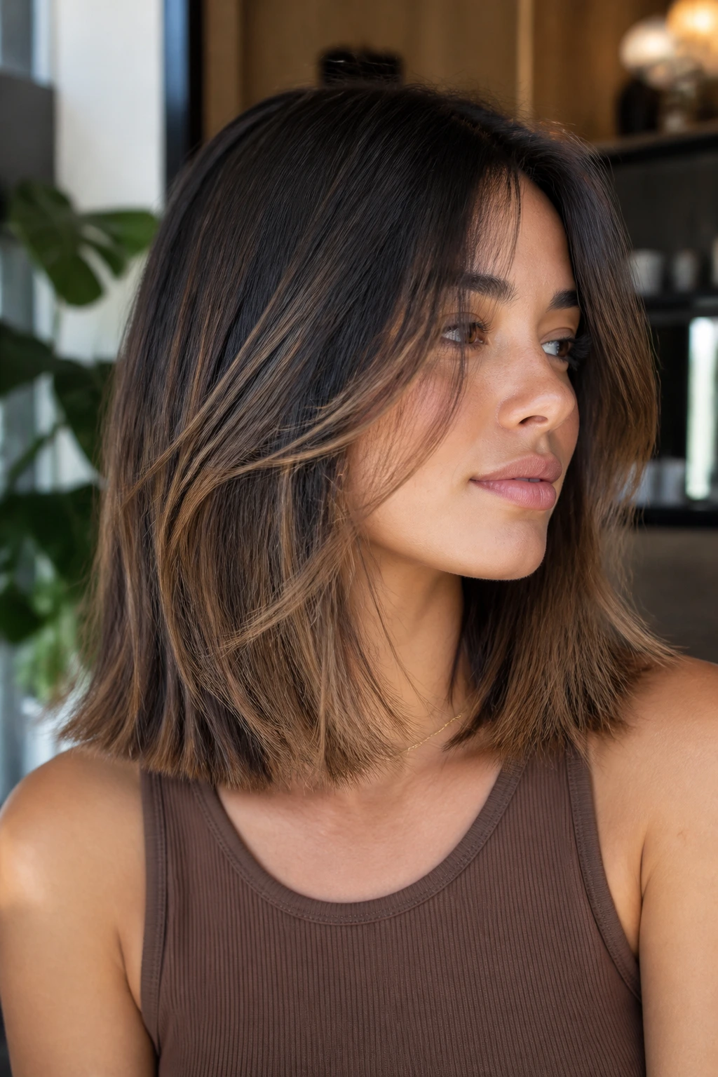 Close-up of a real woman with blunt ends and floating layers hairstyle