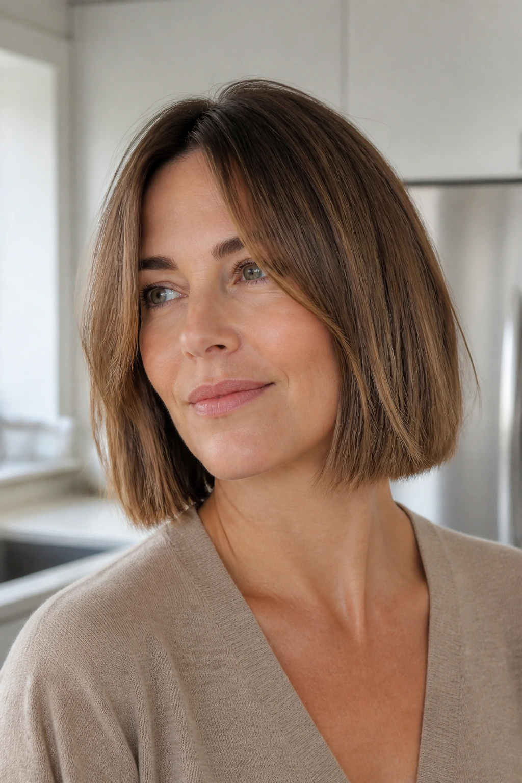Close-up of a real woman with blunt-ended bob and grown-out fringe.