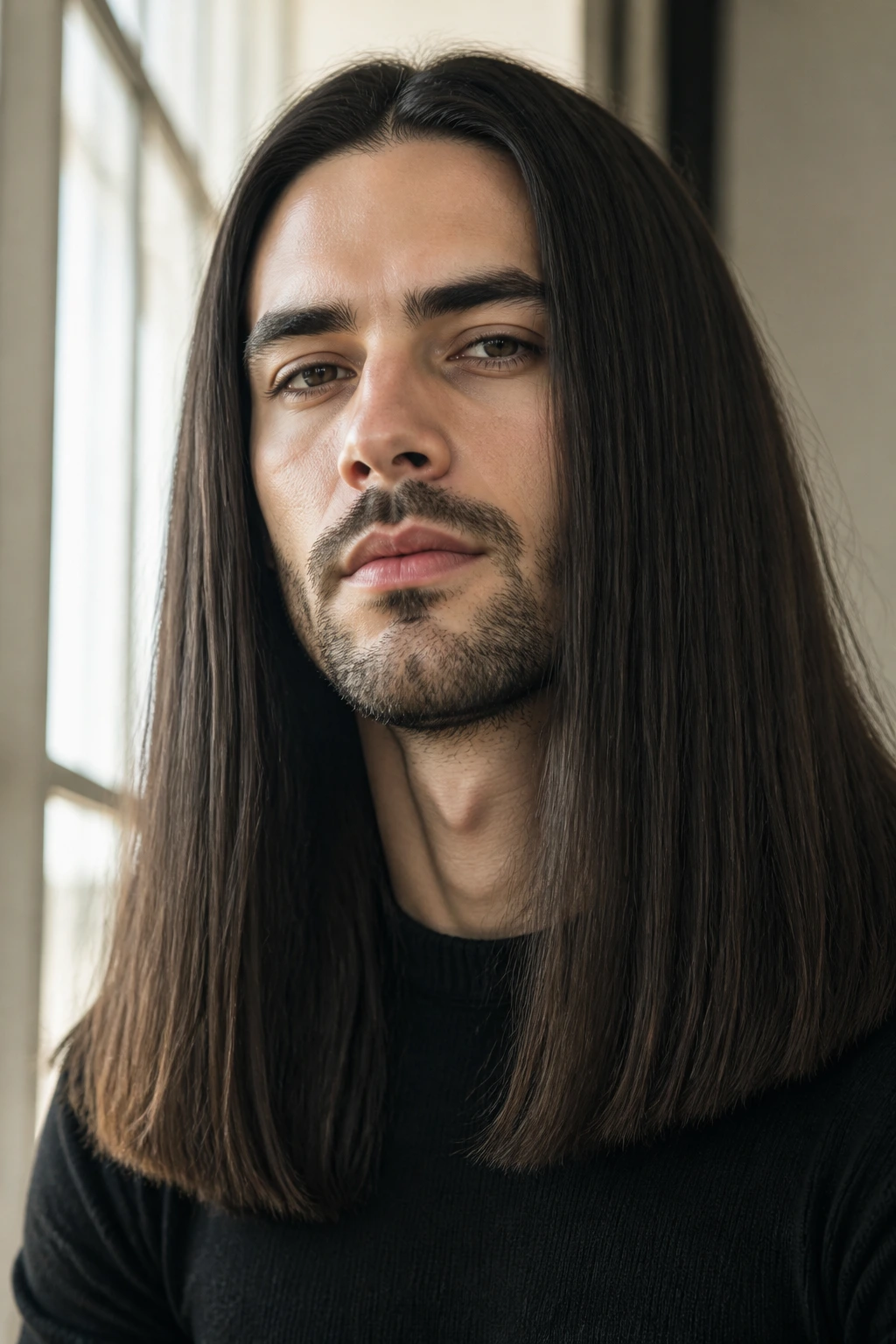 Portrait of a man with thick straight hair and blunt ends by a window