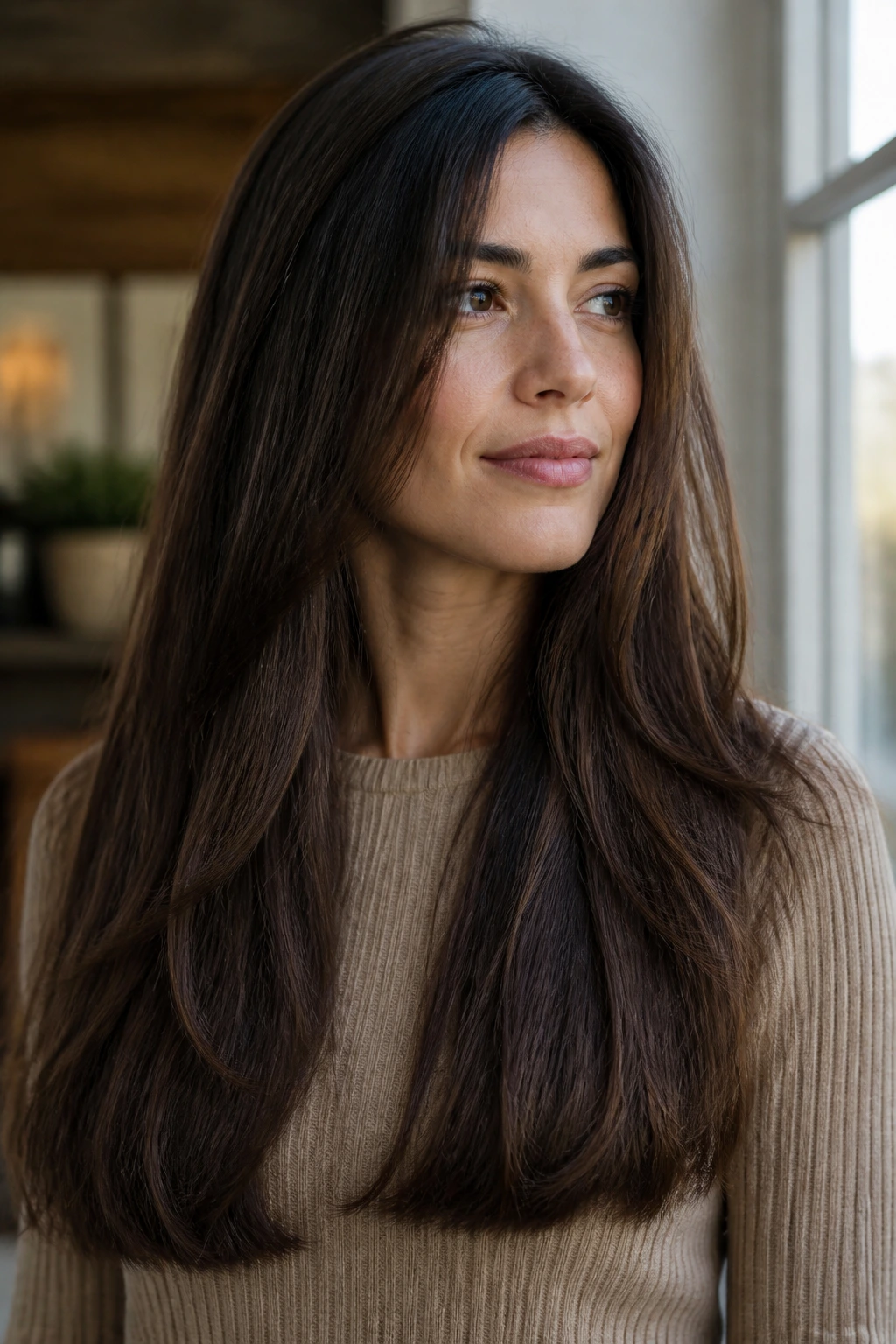 Long thick hair with blunt ends subtly broken up by hidden layers