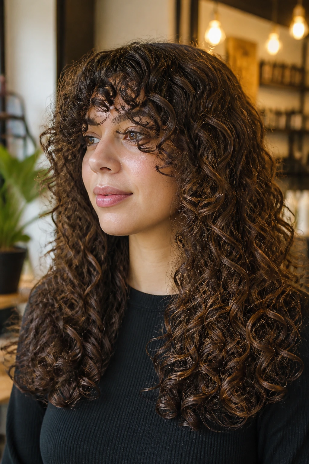 Close-up of real woman with blunt ends and hidden interior layers curly hairstyle