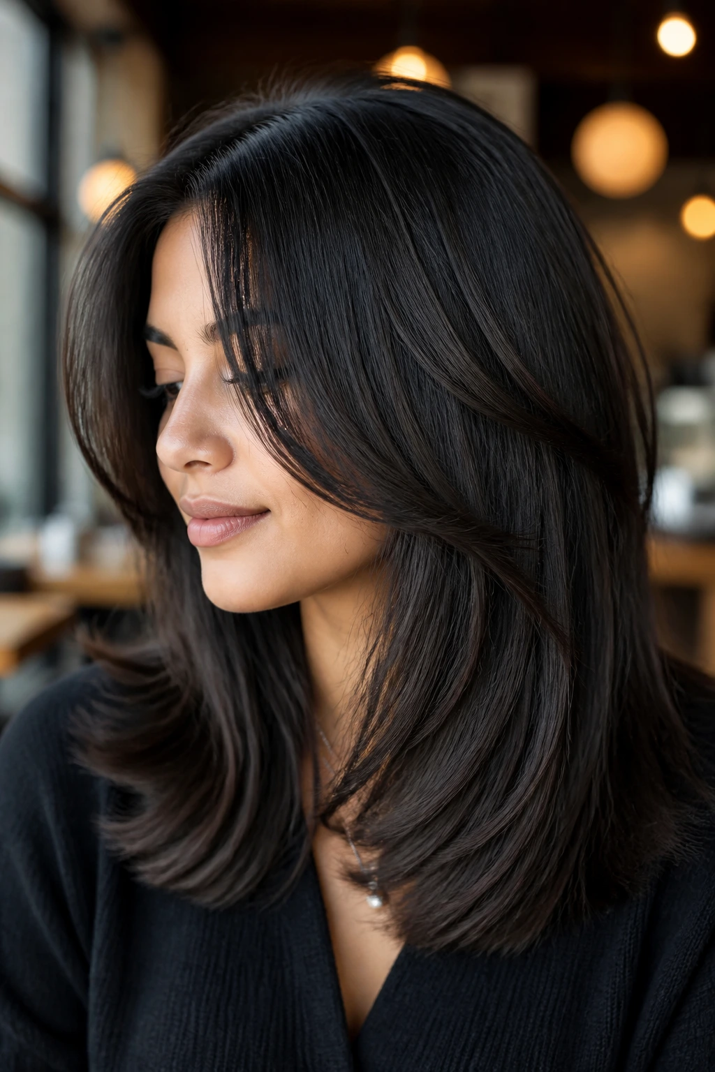 Close-up of hair with blunt ends and hidden interior layers on a real person.