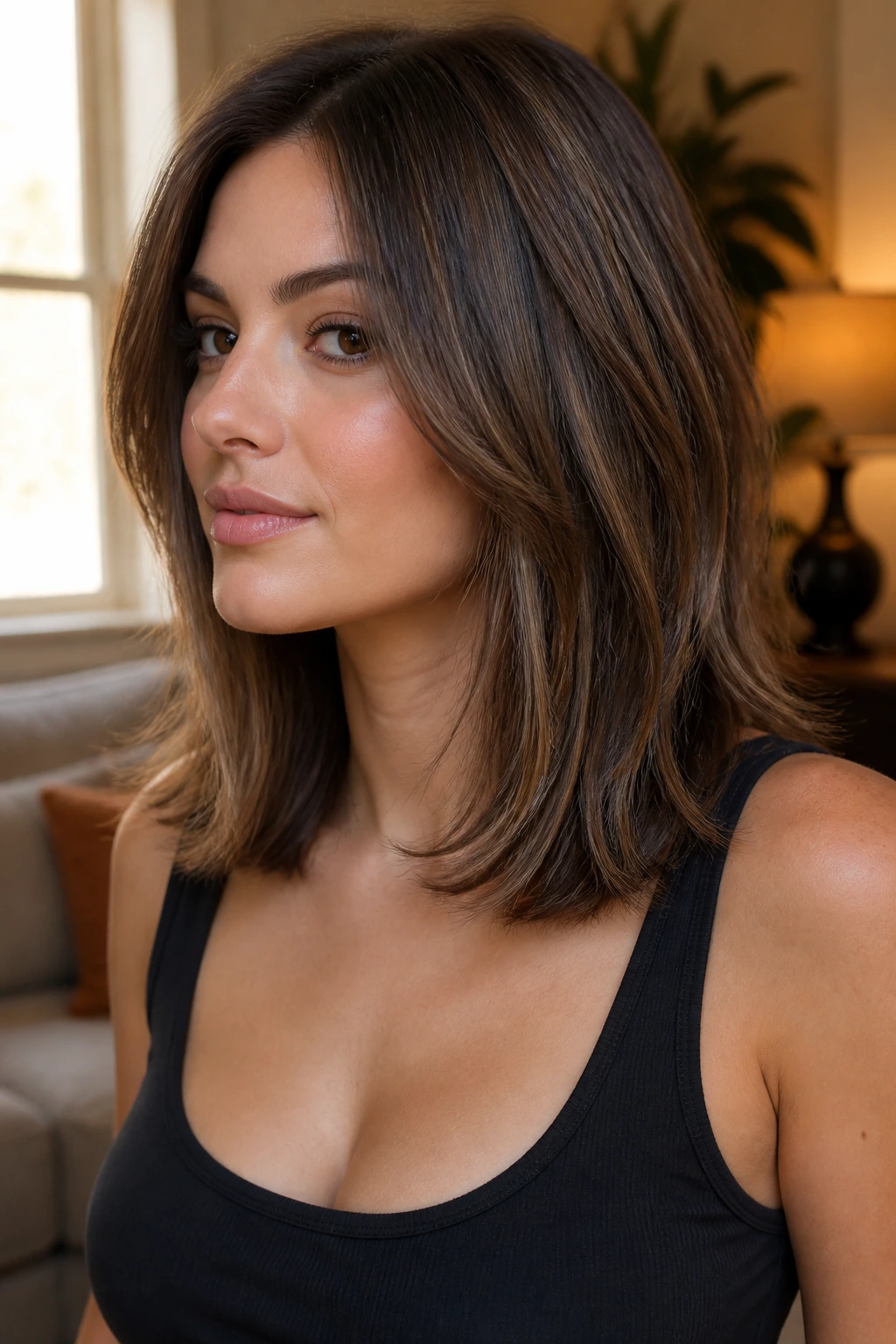 Close-up portrait of a real woman with blunt ends and internal layers in medium-length hair.