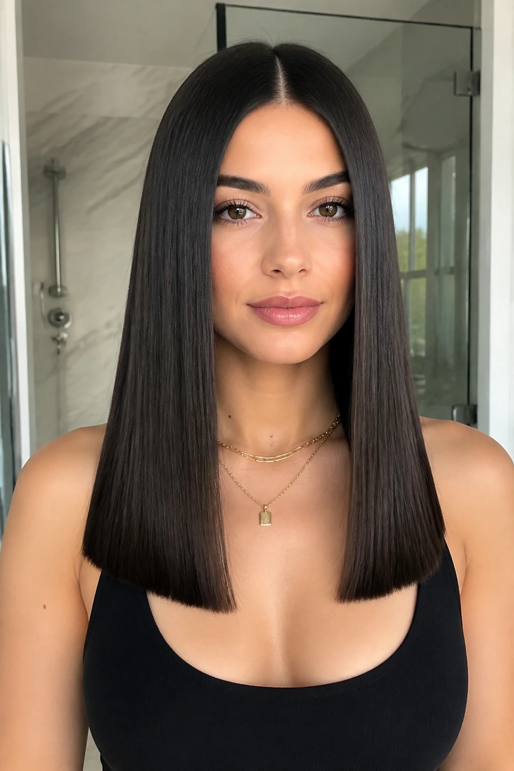 Close-up of a woman with blunt ends and pin-straight hair