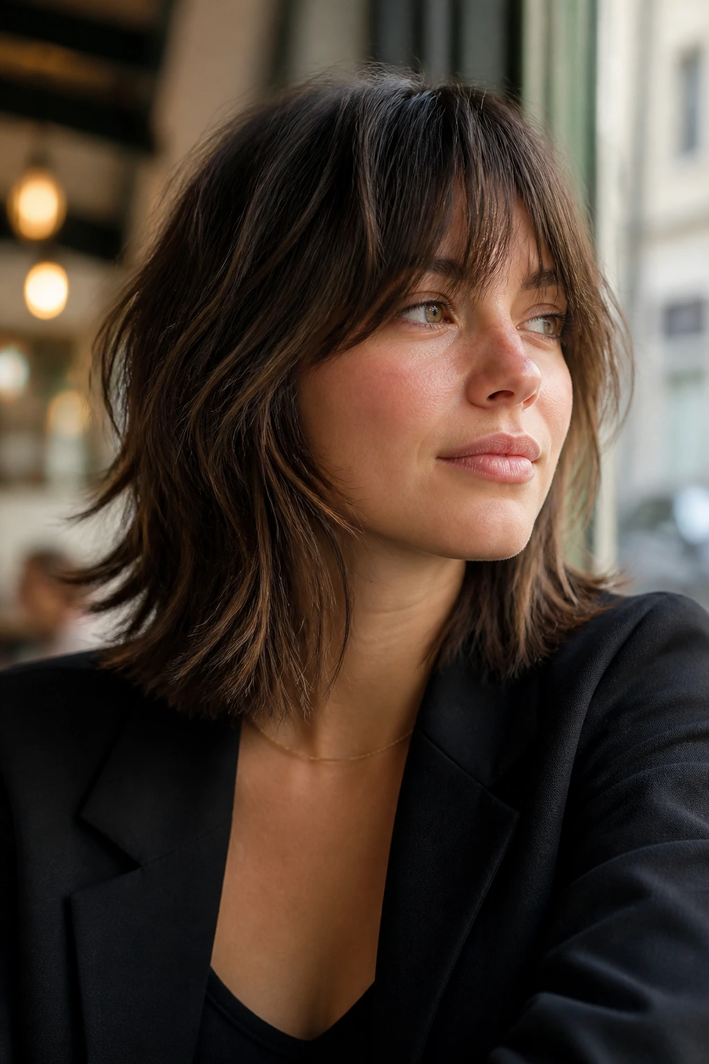 Close-up of a real woman with blunt-ends shag showing a clean edge and lifted crown