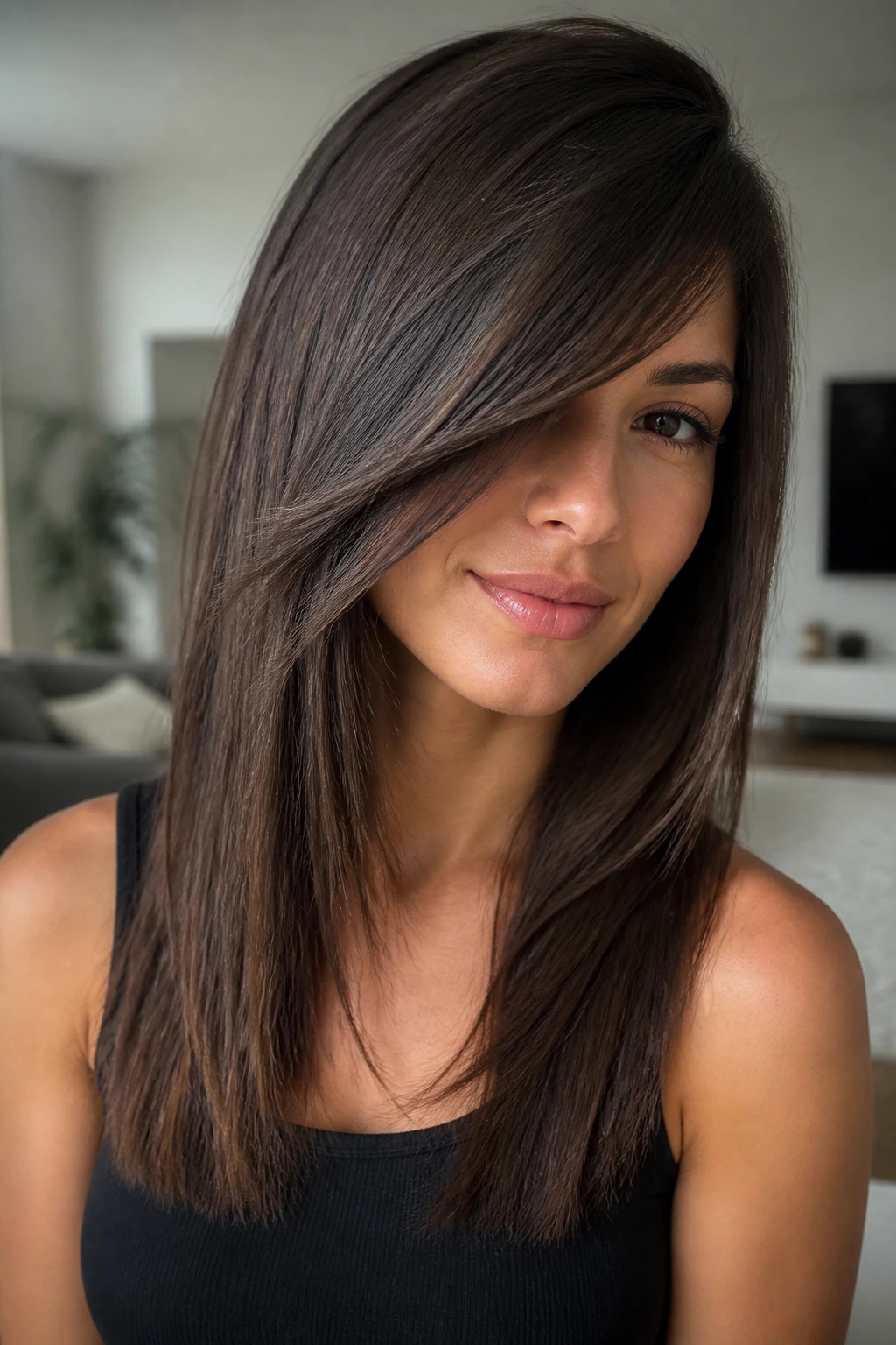 Close-up portrait of a real woman with blunt ends and a long side fringe