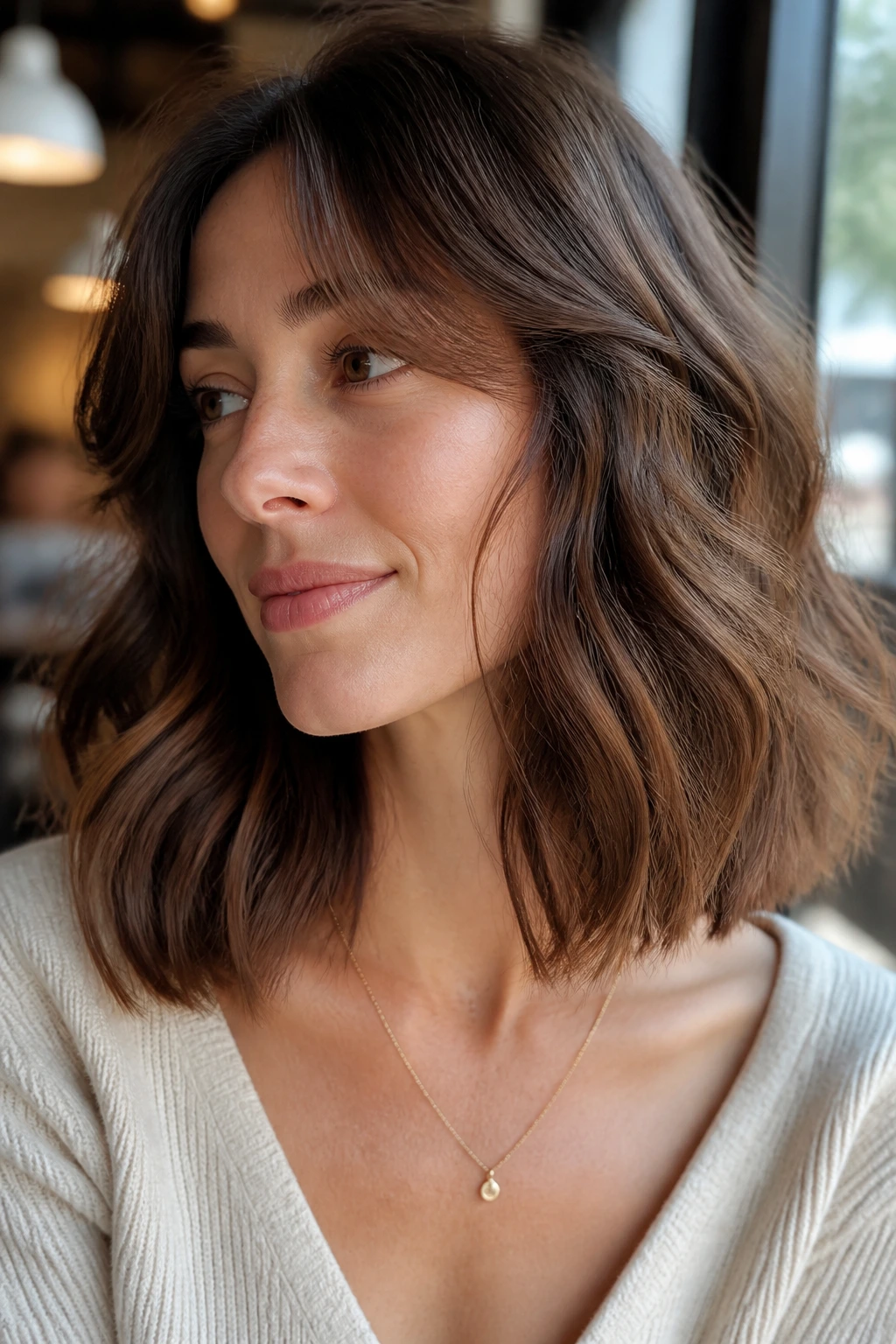 Portrait of a real woman with blunt ends and soft top layers