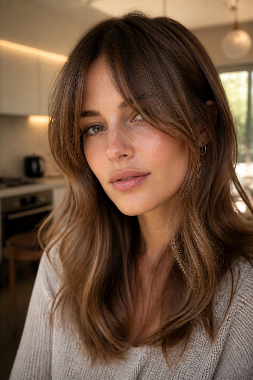 Close-up of a woman with blunt bangs softened by texture