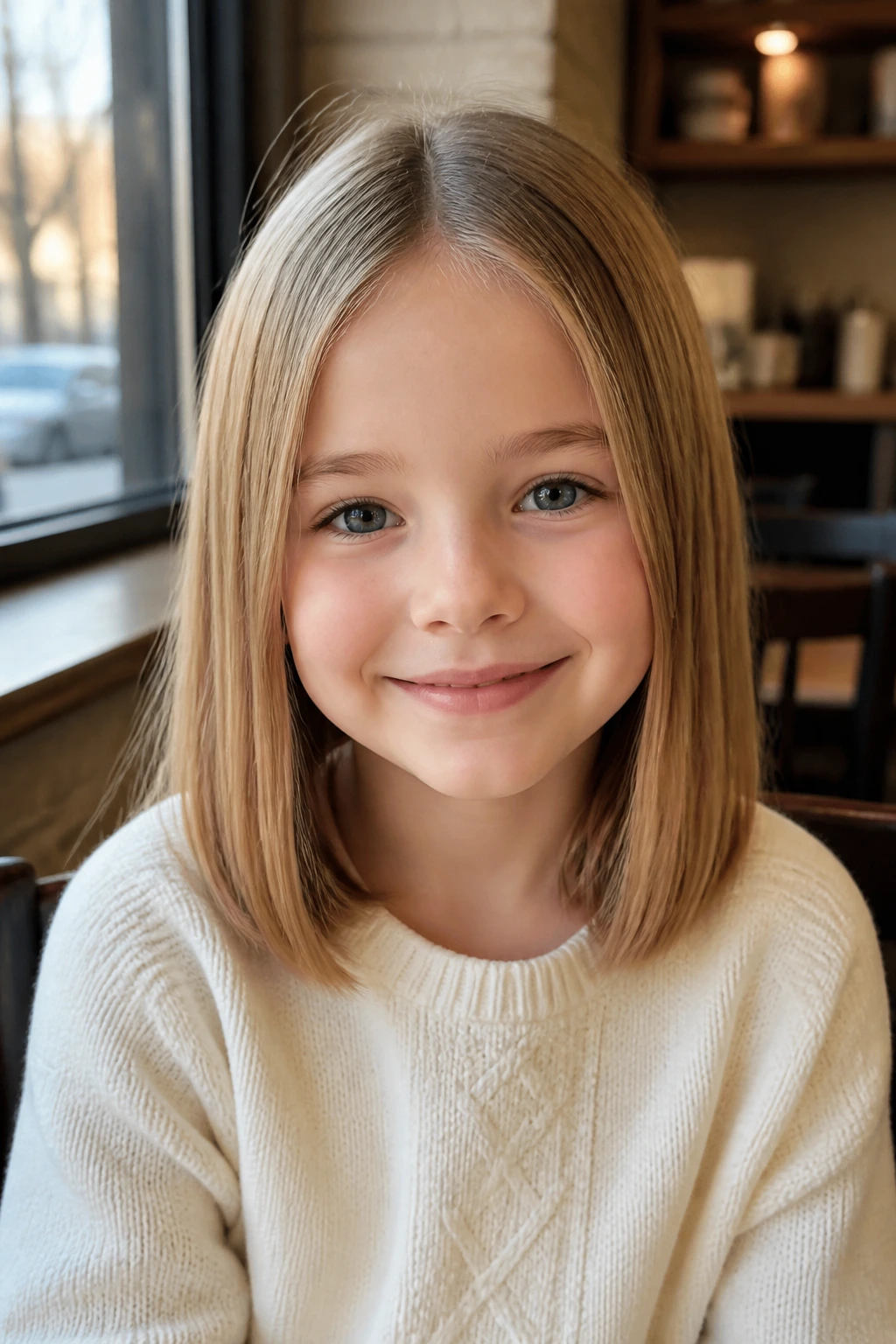 Close-up of a child with blunt fine-hair shoulder cut