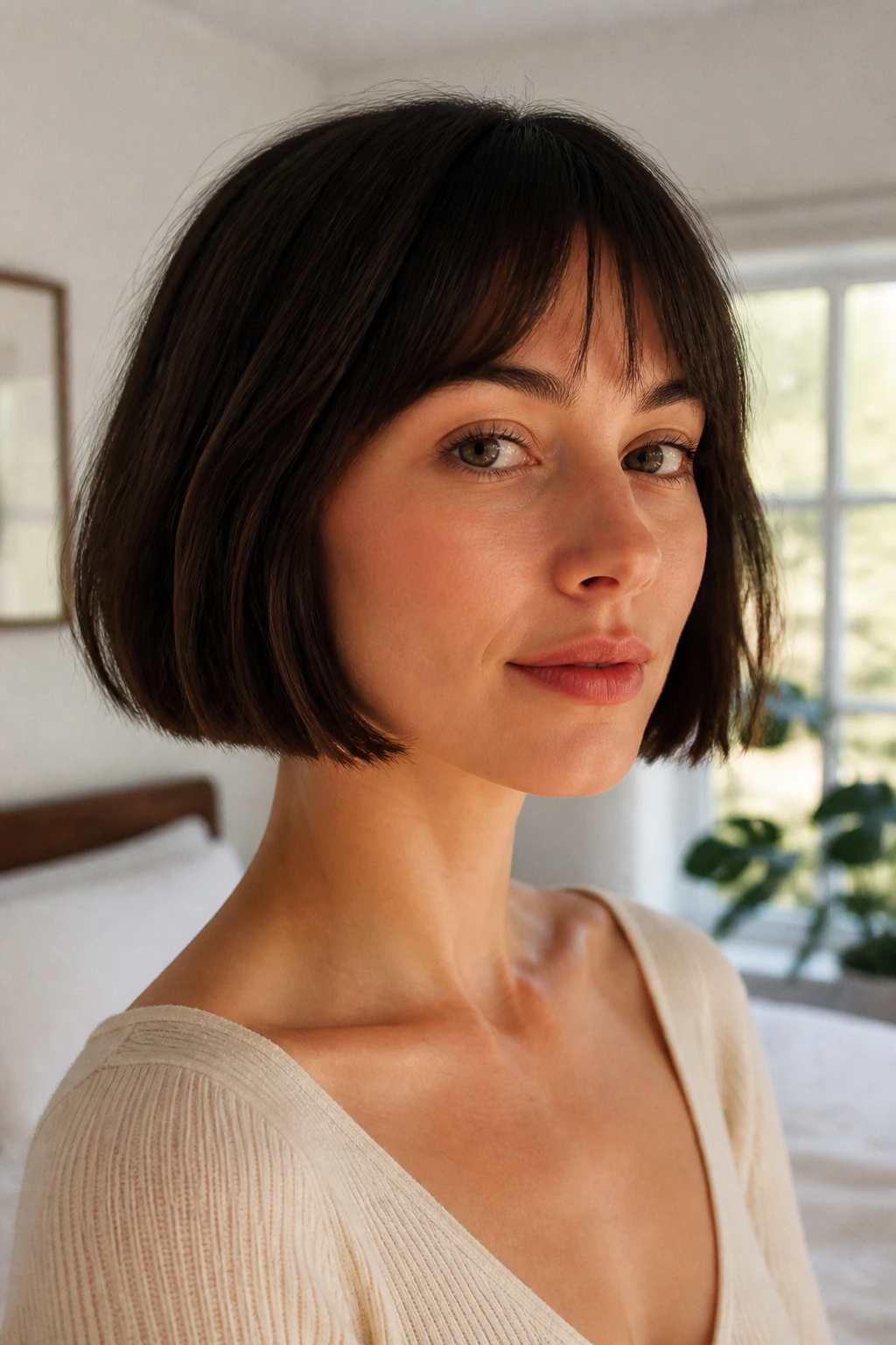 Close-up of a real woman with blunt French bob in bright daylight