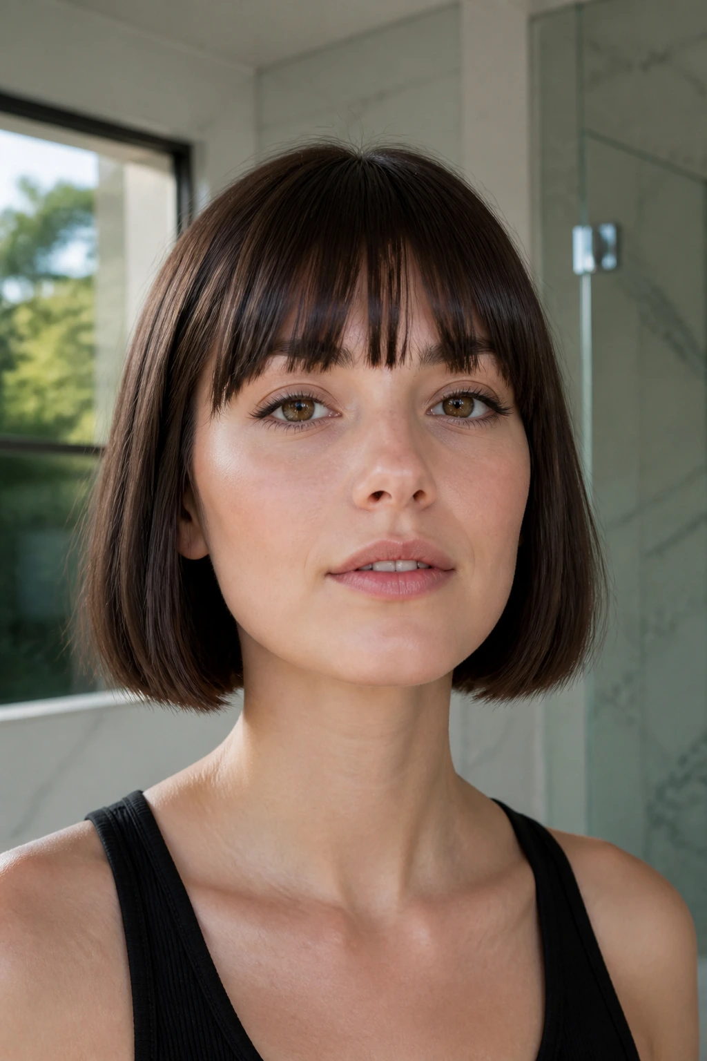 Close-up of a woman with a blunt French bob and brow-skimming bangs