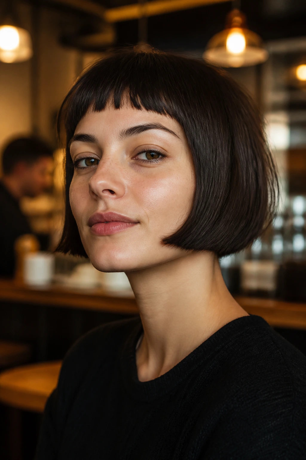 Close-up portrait of a real woman with blunt French bob and micro bangs
