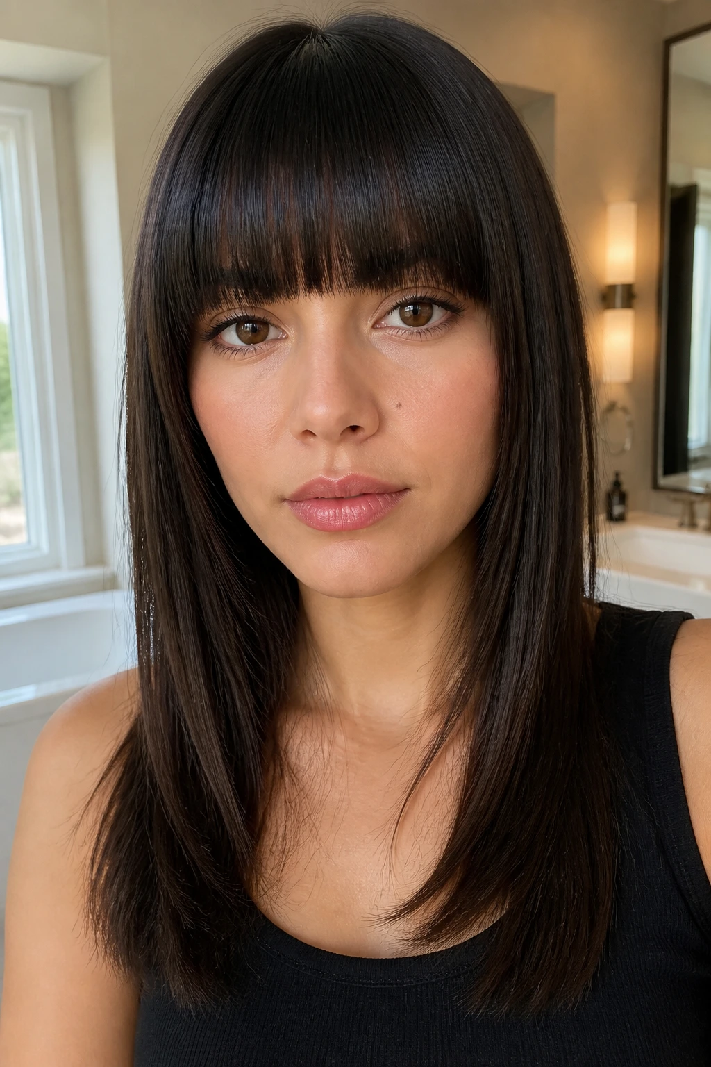 Close-up of blunt full fringe on a real person.