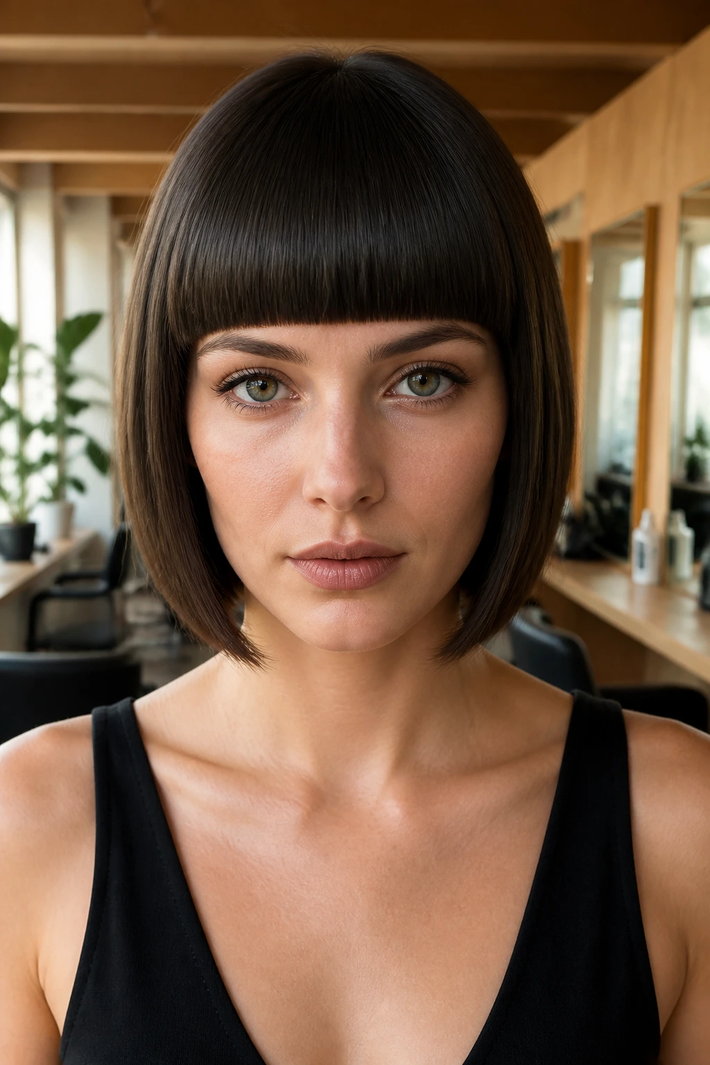 Close-up portrait of a real woman with a blunt fringe and graphic finish