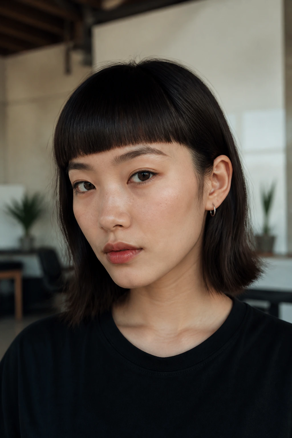 Close-up portrait of a real person with blunt fringe and hidden undercut hairstyle