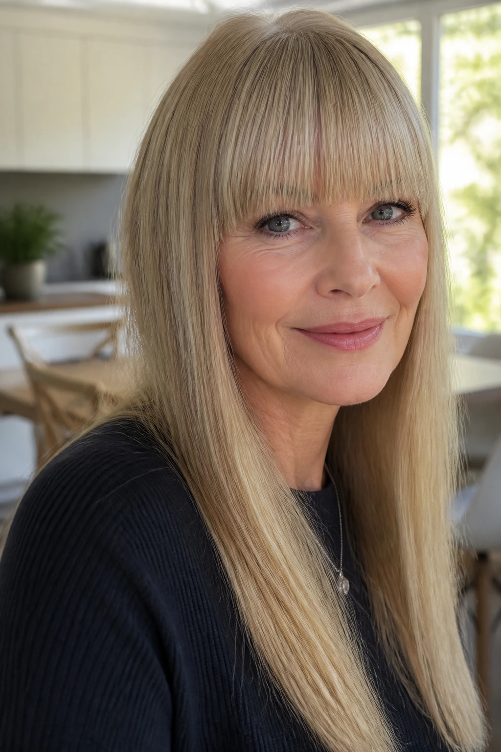 Close-up of a real woman with a full blunt fringe and long straight hair.