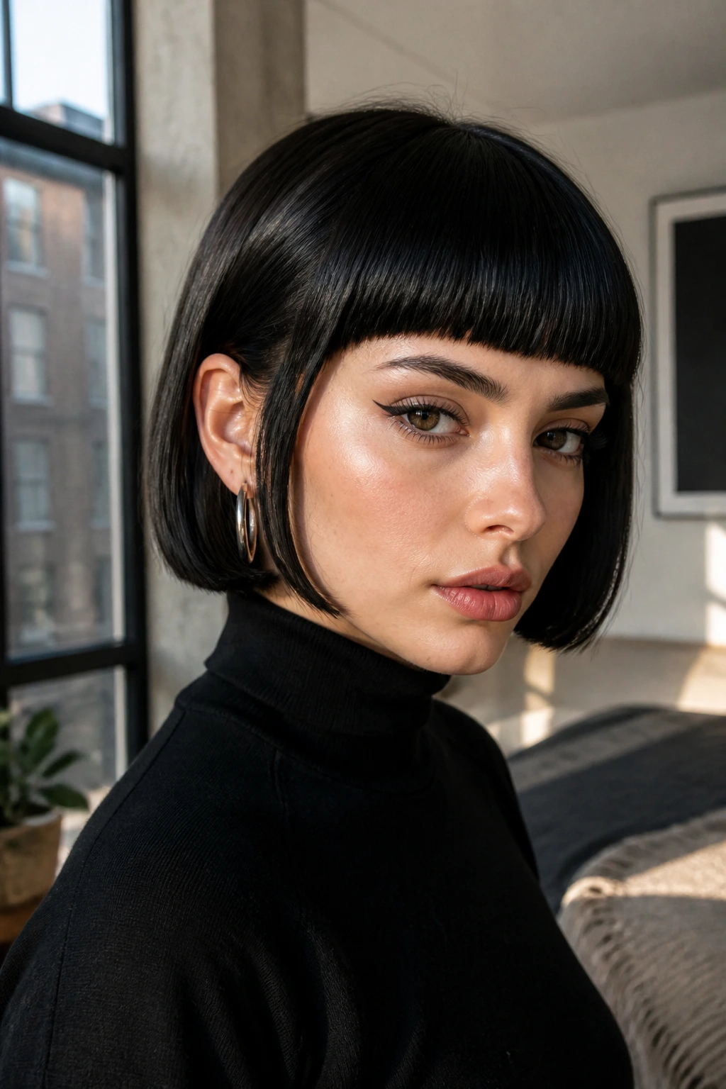 Close-up portrait of a real person with blunt fringe at the brows and a sleek mini bob on black hair, natural window light.