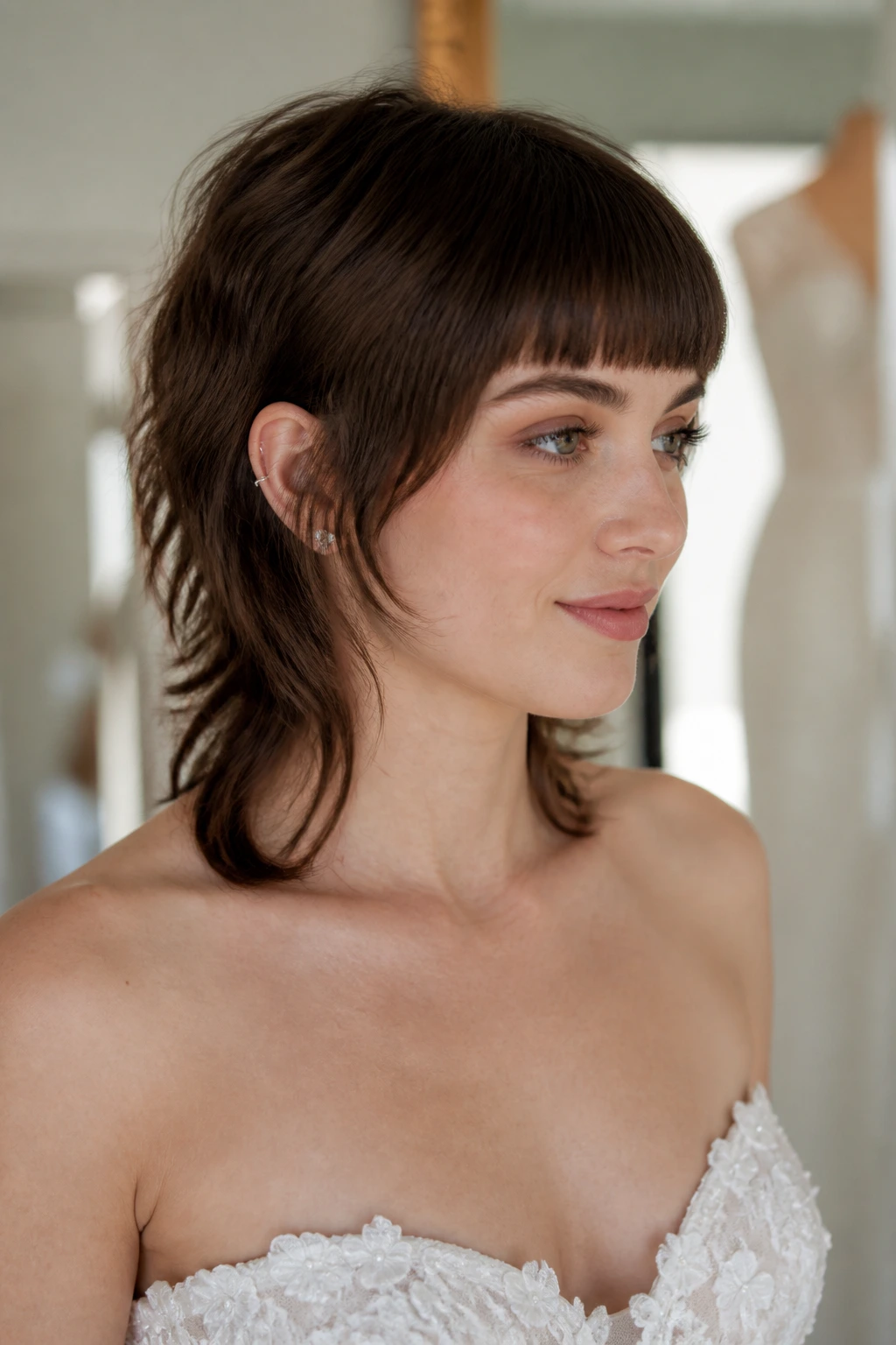Bride with blunt fringe mullet and straight bangs.