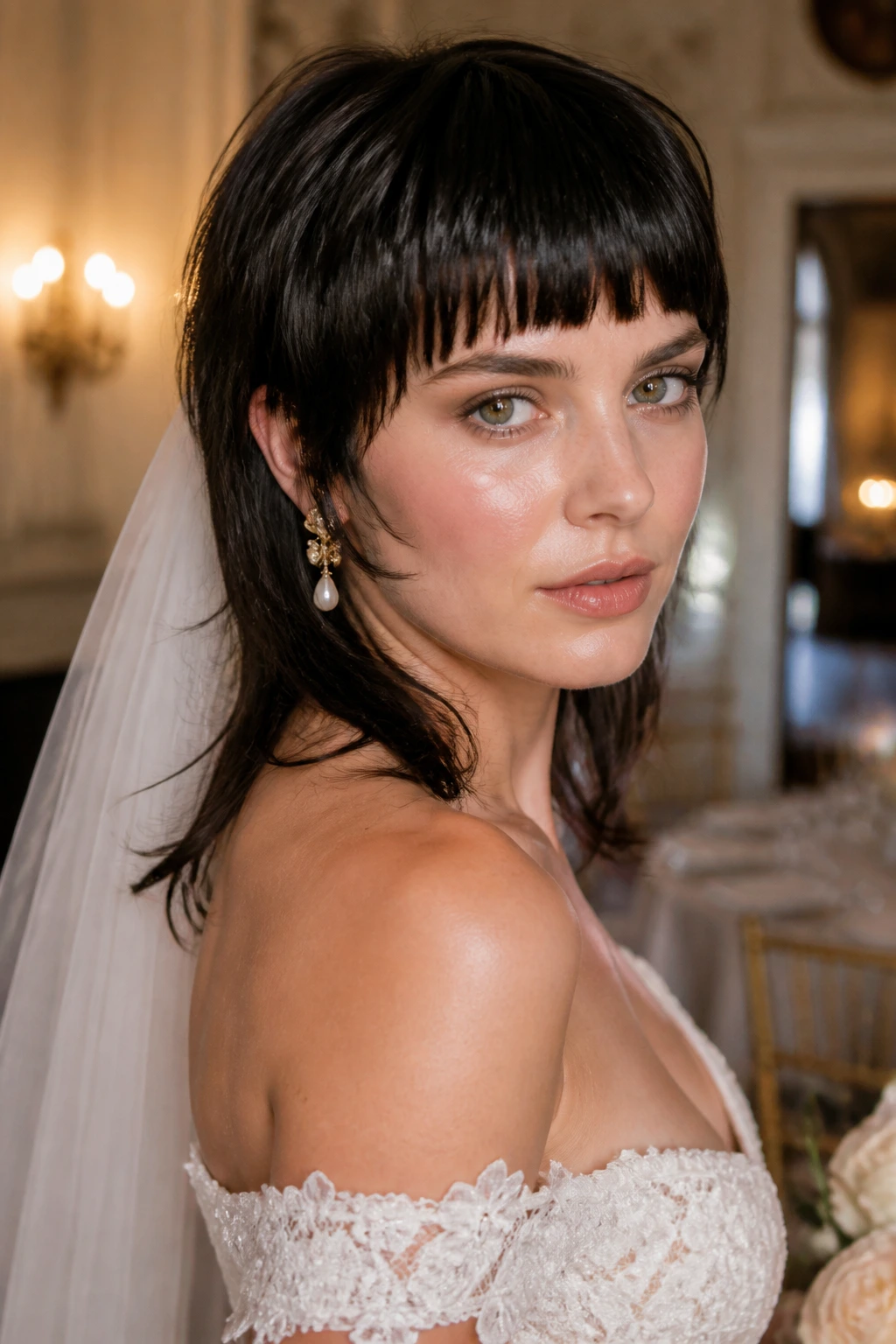 Bride with blunt fringe mullet and subtle back bend in an elegant wedding suite.