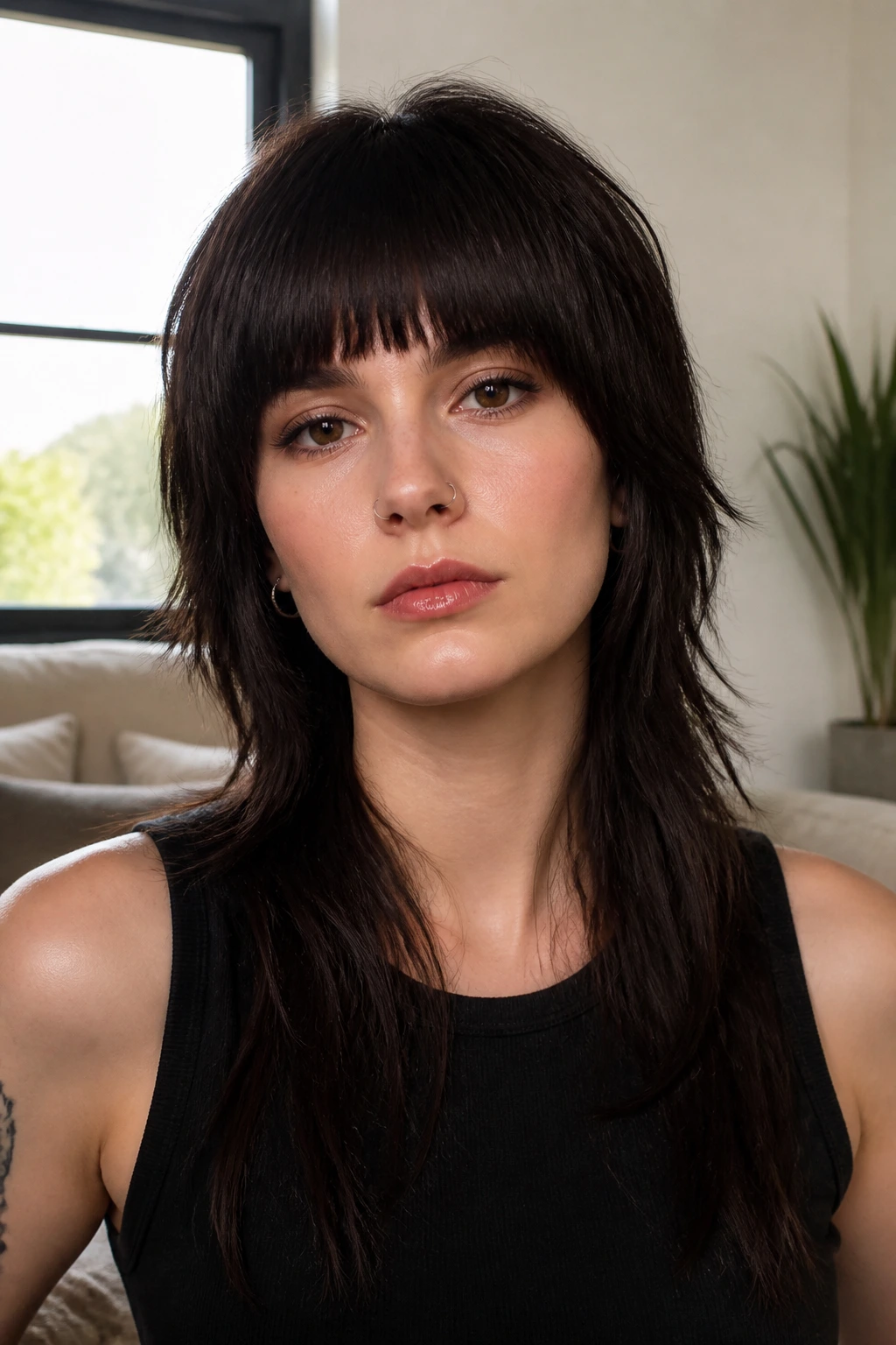 Front-facing portrait of real person with blunt fringe mullet