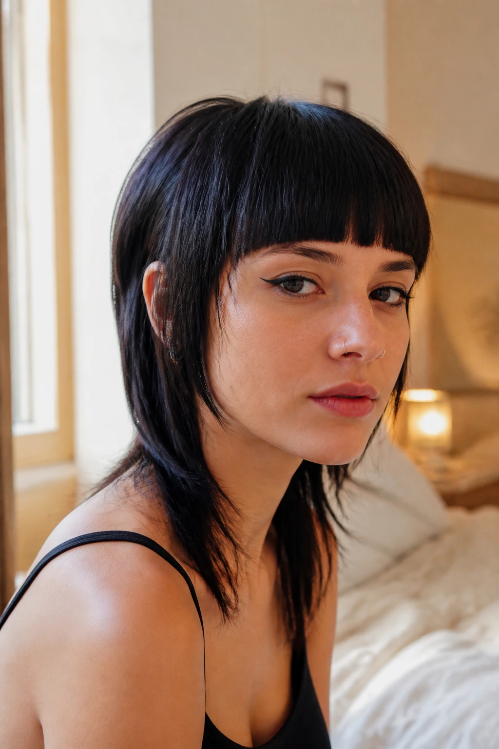 Close-up of real woman with blunt fringe mullet showing dense front fringe and back length