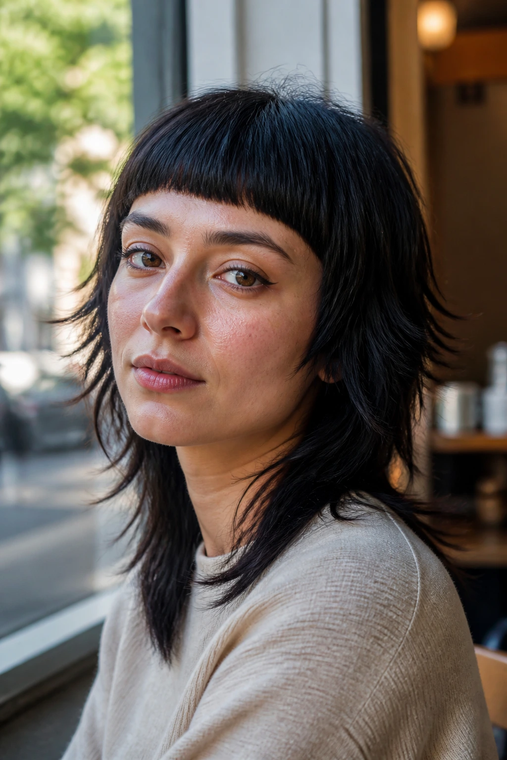 Portrait of a real woman with blunt fringe mullet at a cafe window