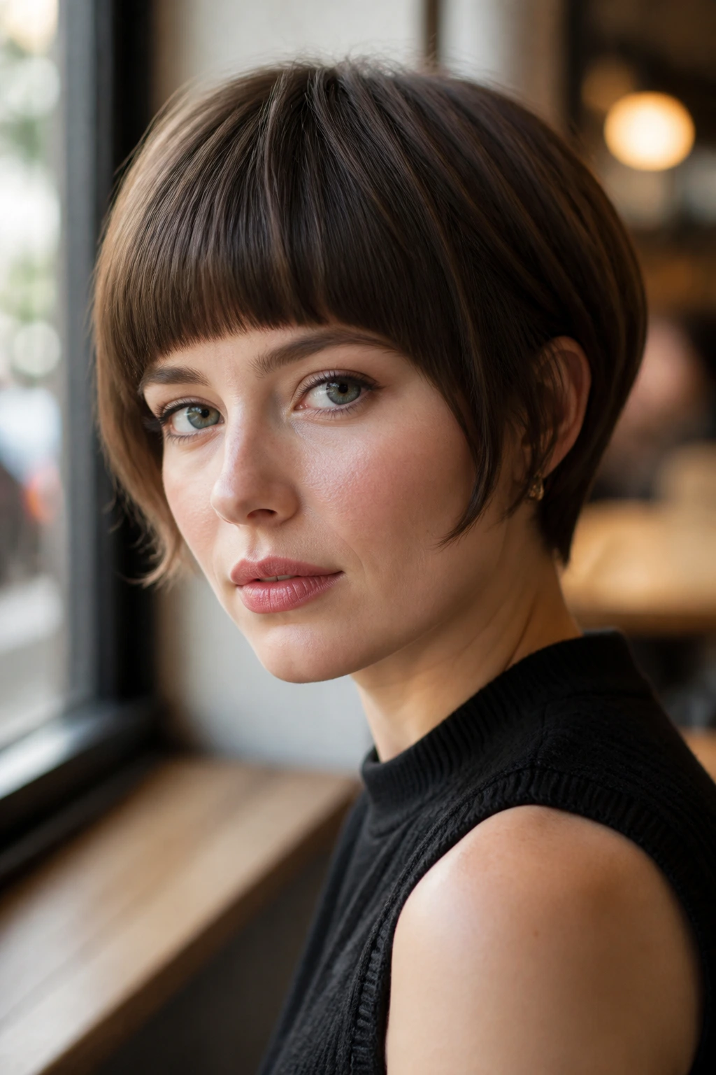 Close-up portrait of a real woman with blunt fringe pixie bob in soft cafe light
