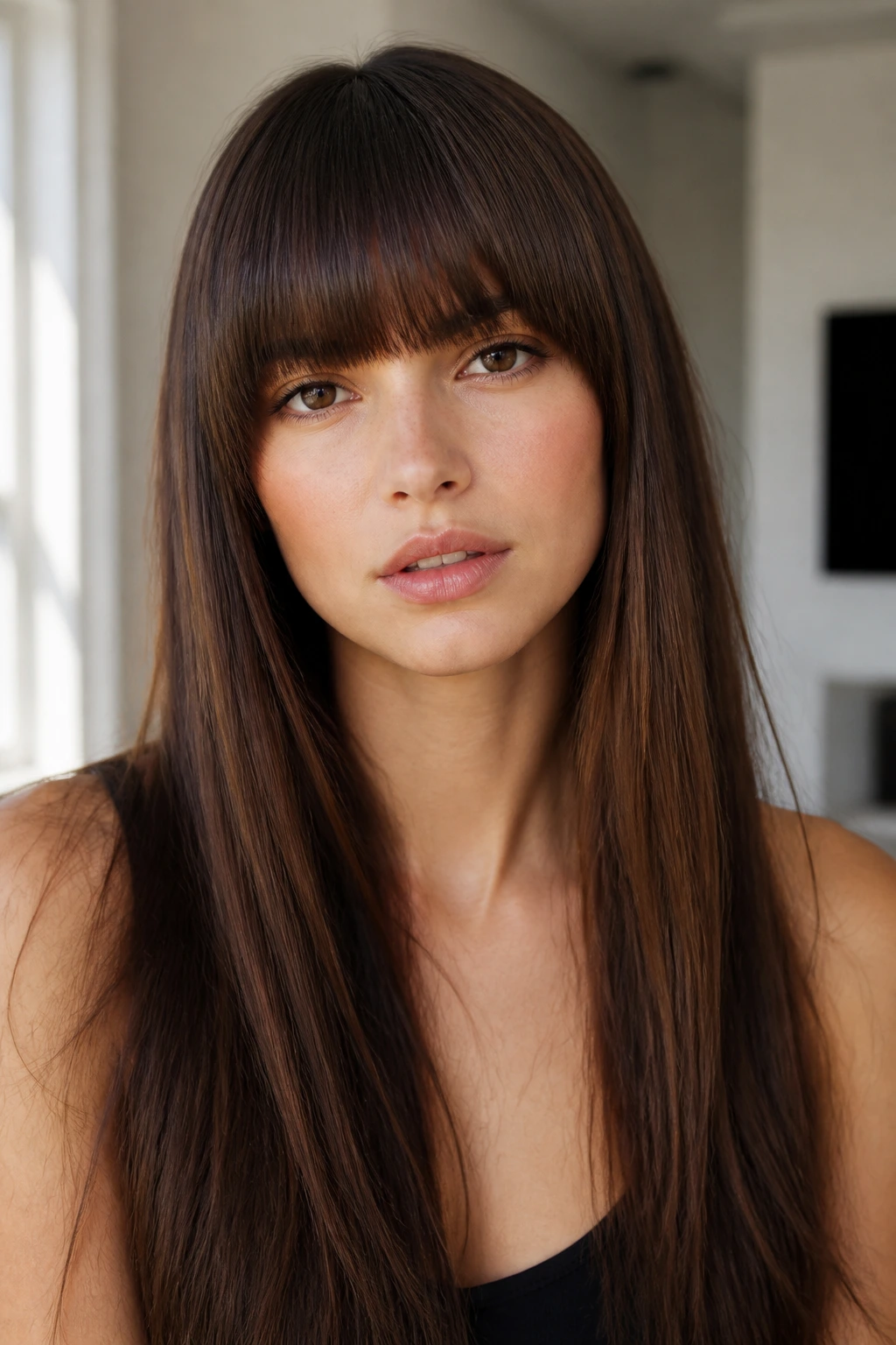Woman with full blunt fringe skimming the brows in soft light