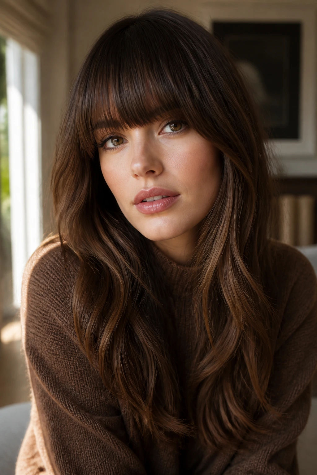 Close-up of a real woman with a soft-blunt fringe across the forehead on long hair, lit by natural window light