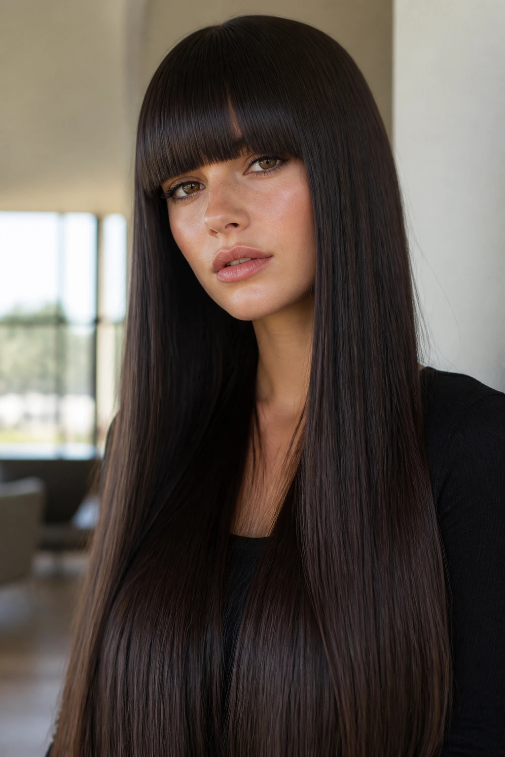 Portrait of someone with a blunt brow-grazing fringe and sleek waist-length hair