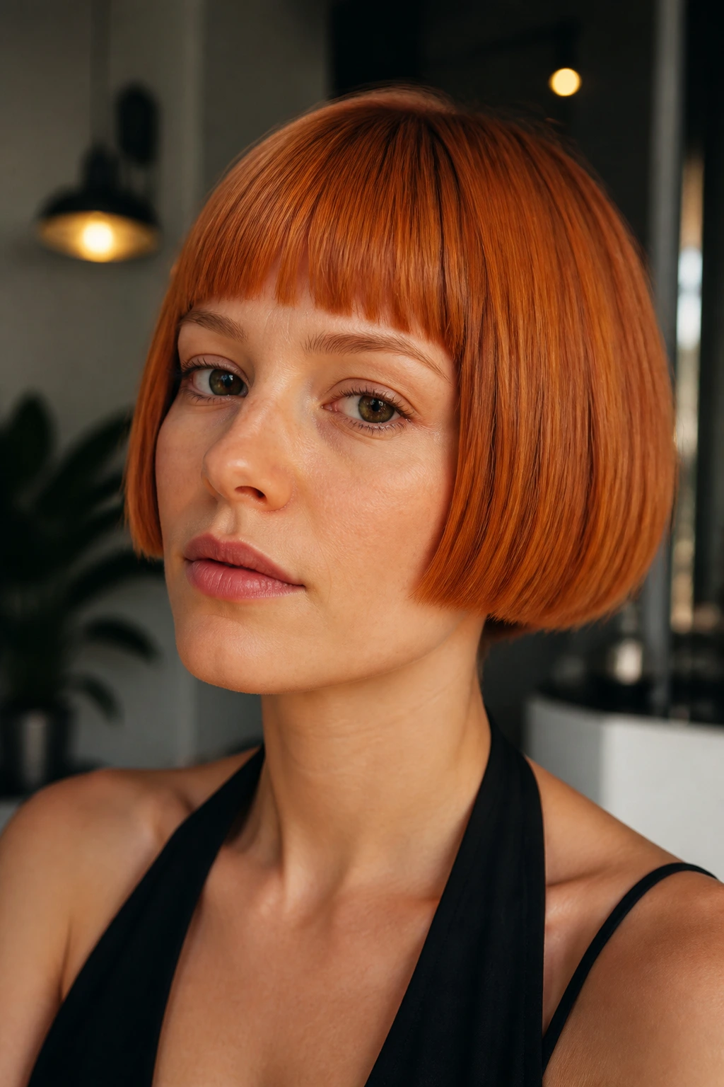 Close-up of a real person with blunt ginger micro bob under soft indoor lighting