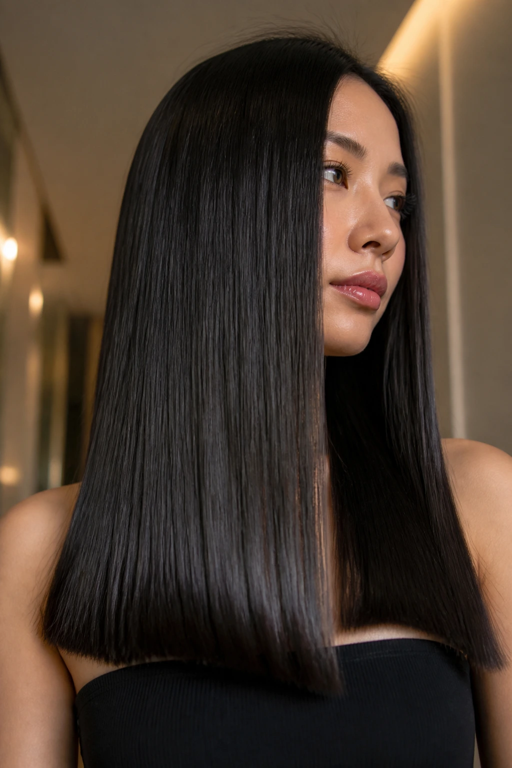 Close-up of a real woman with blunt, glossy long hair in a minimal warm-lit setting