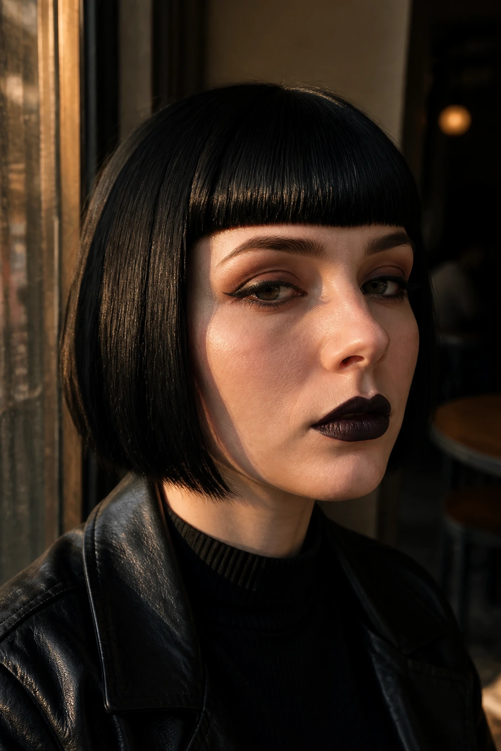 Close-up of a real person with blunt goth bob bangs at brow level