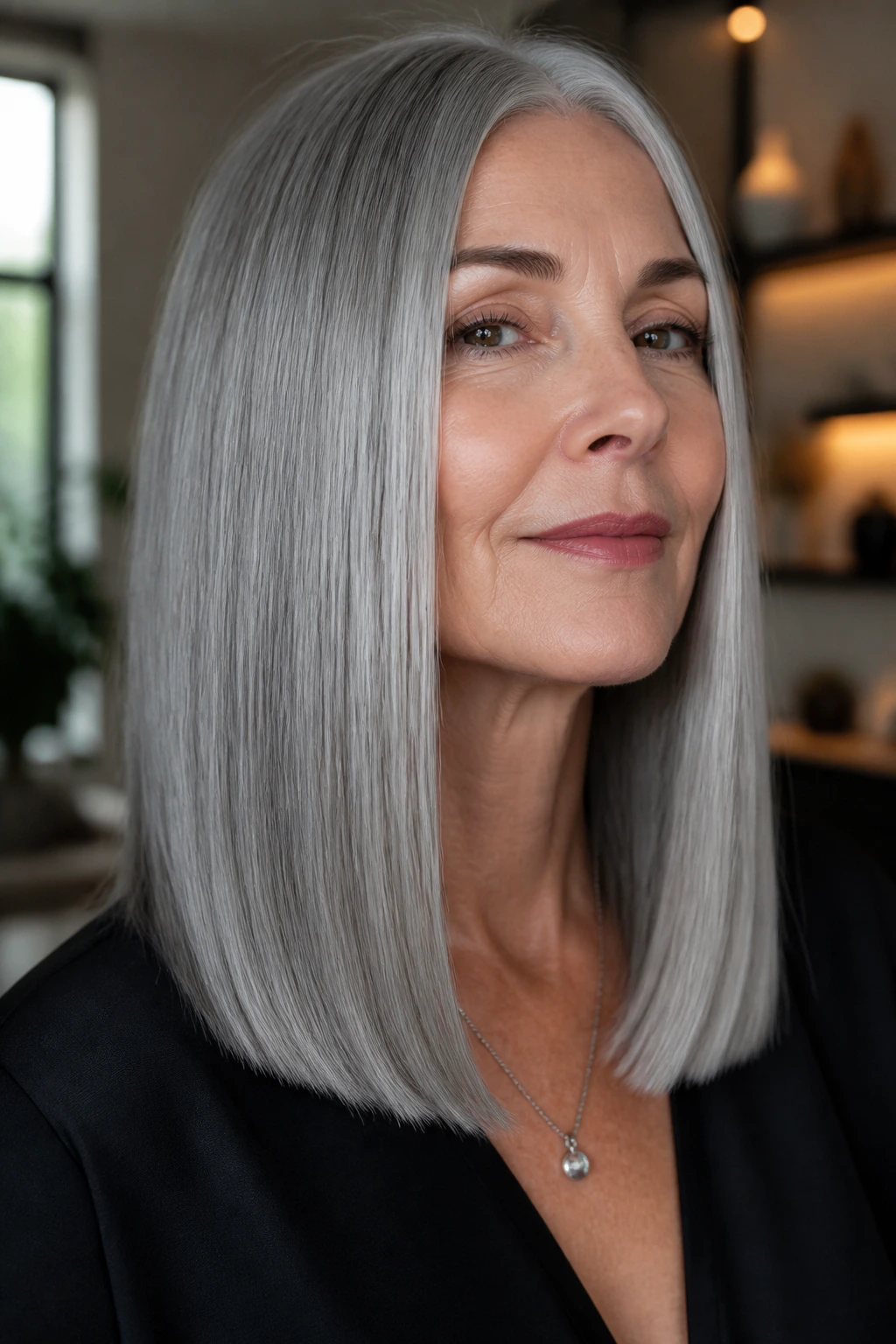 Close-up of a real woman with blunt gray hair length and glassy finish