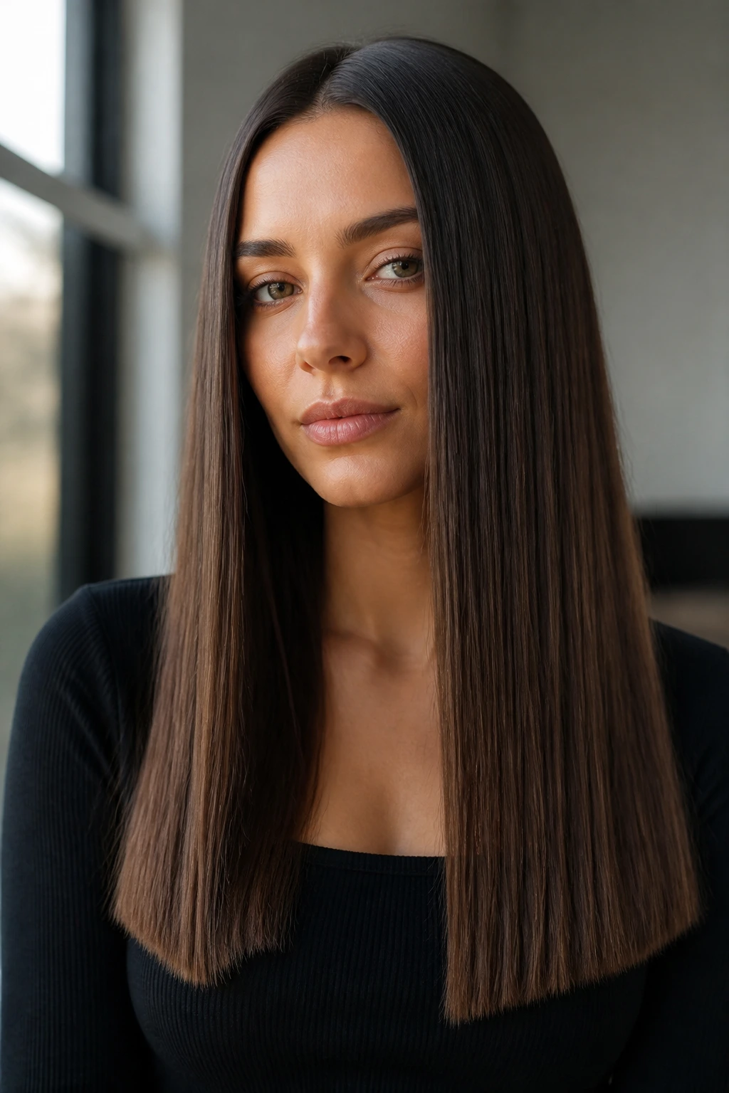 Close-up of a real woman with blunt one-length hair and crisp edge