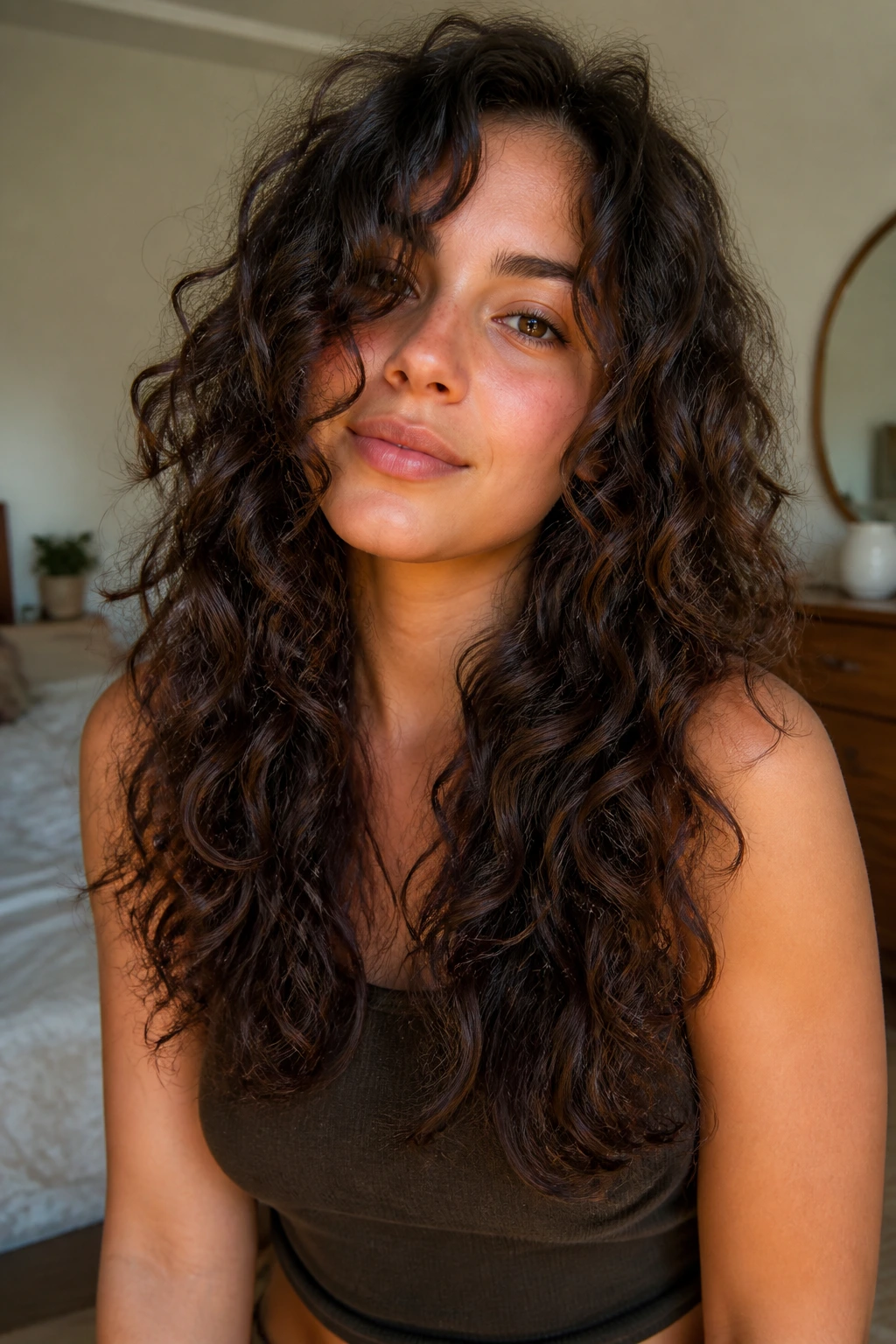 Real person with long layers and a blunt hem framing the curls