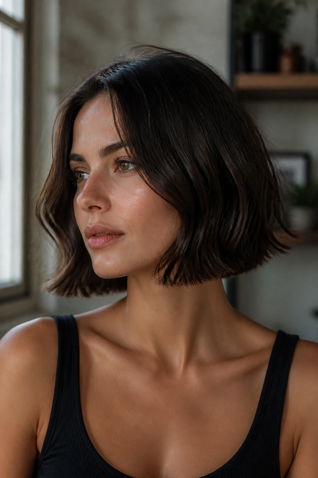 Close-up portrait of a real person with a blunt Italian bob showing movement in soft light