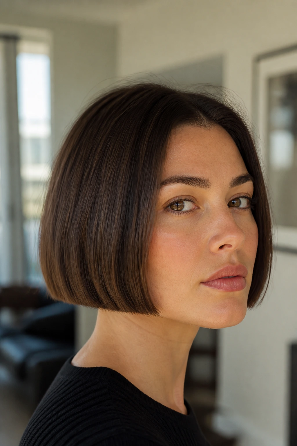 Close-up of a woman with a blunt jaw-length bob.
