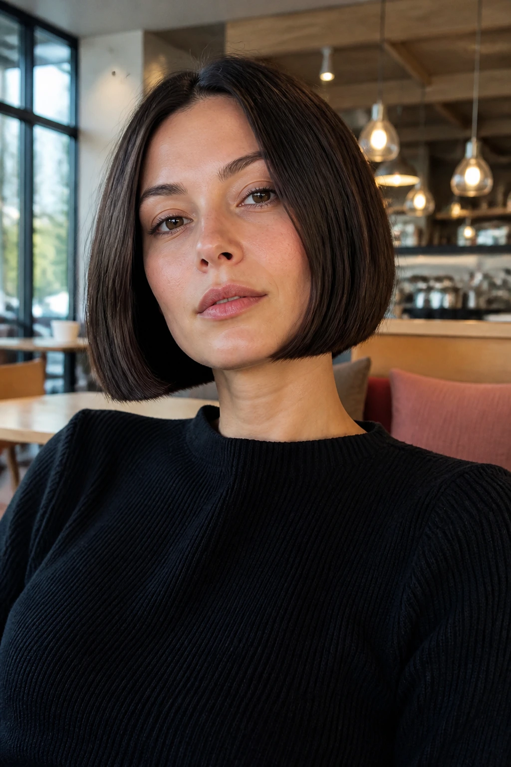 Real person with blunt jawline bob showing a strong straight cut