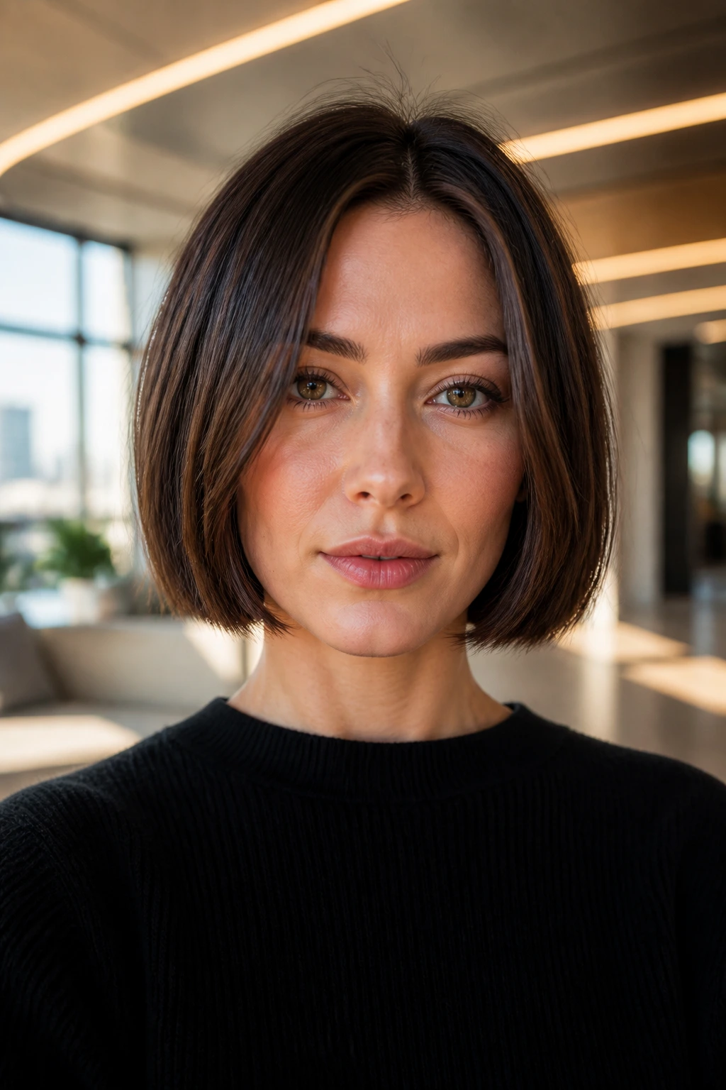Close-up of a real woman with a blunt-looking layered bob in an office lobby