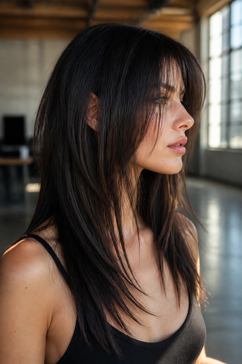 Real woman's head and shoulders showing blunt perimeter with long interior layers