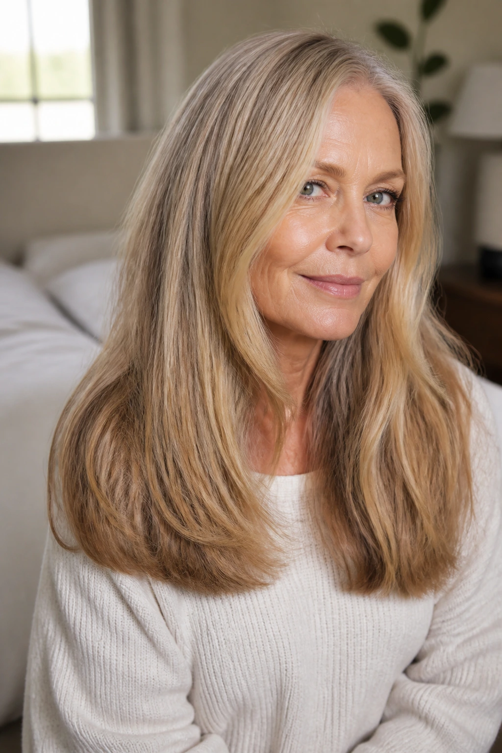 Close-up of real woman with blunt-length waves and hidden texture