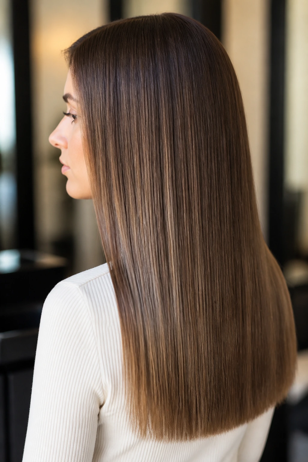 Profile shot of straight hair with a clean blunt line