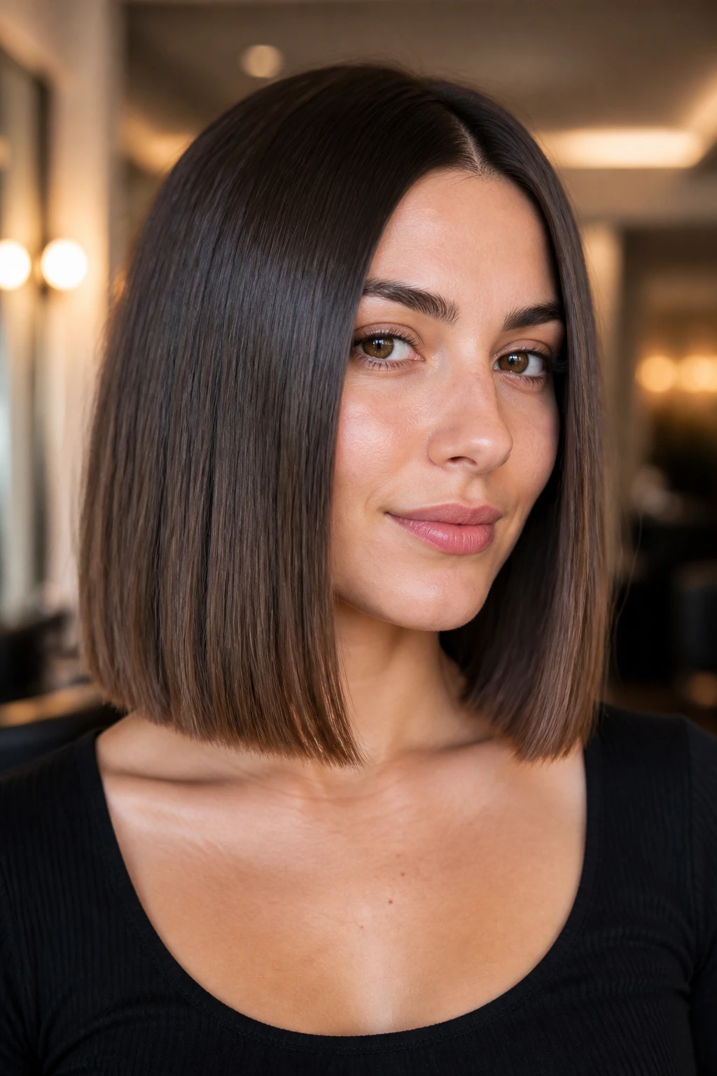 Close-up of a person with a crisp, even blunt line on medium-length hair in soft salon light