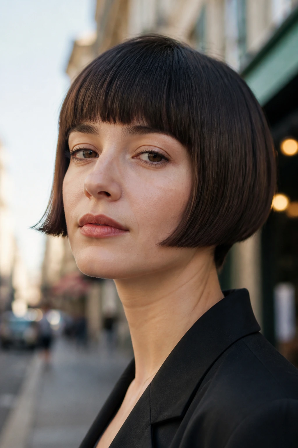 Close-up portrait of a woman with blunt-line pixie bob and clean edge